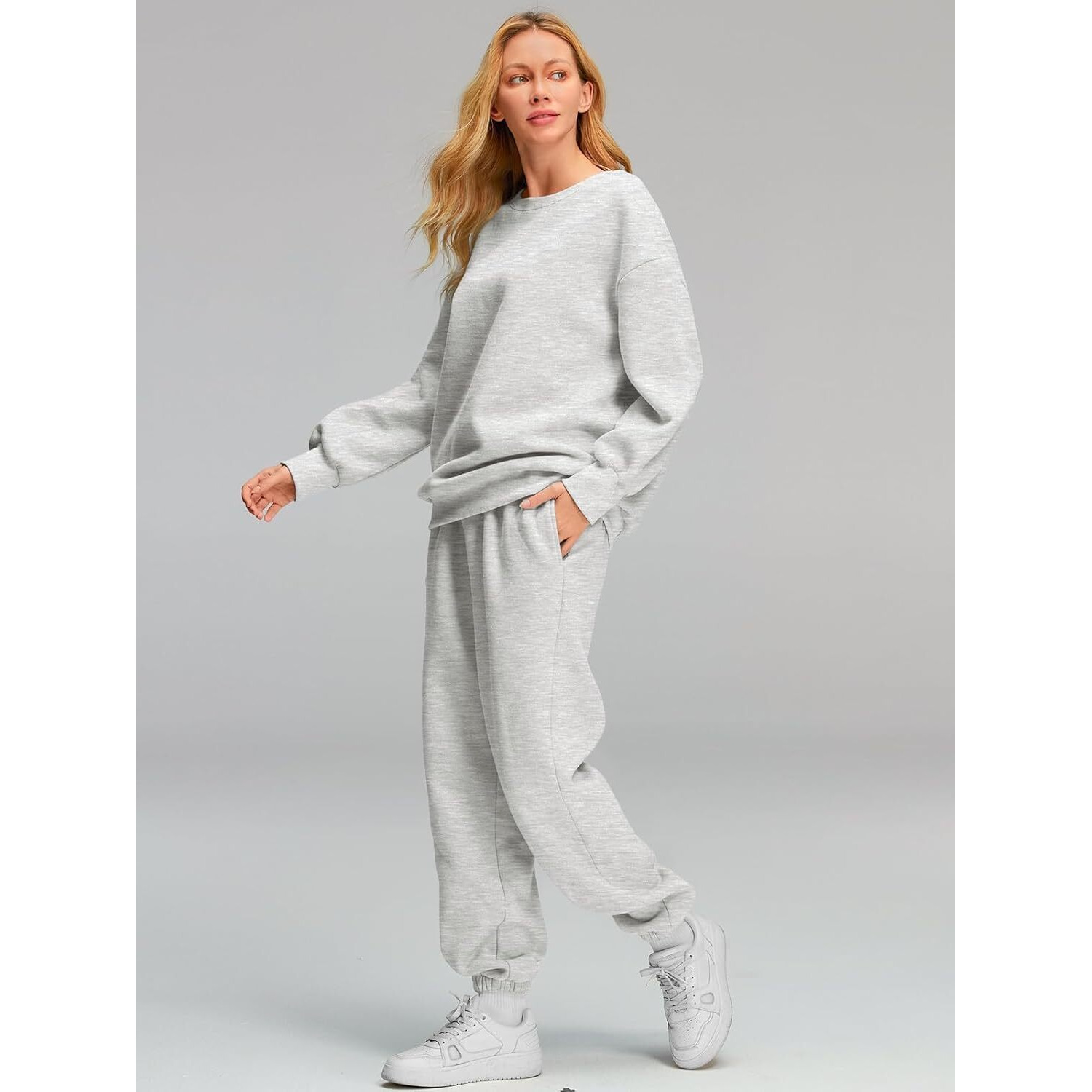 Q - RIOUS Women Oversize Sweatshirt & Joggers Track Suit Co-ord Set, Grey, Small