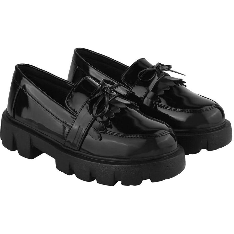Shoetopia Front Tie Detailed Black Loafers for Women & Girls /EU39