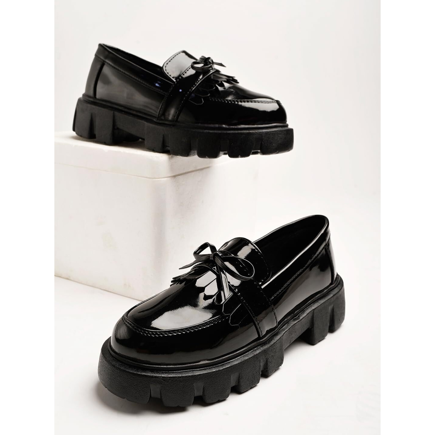 Shoetopia Front Tie Detailed Black Loafers for Women & Girls /EU39
