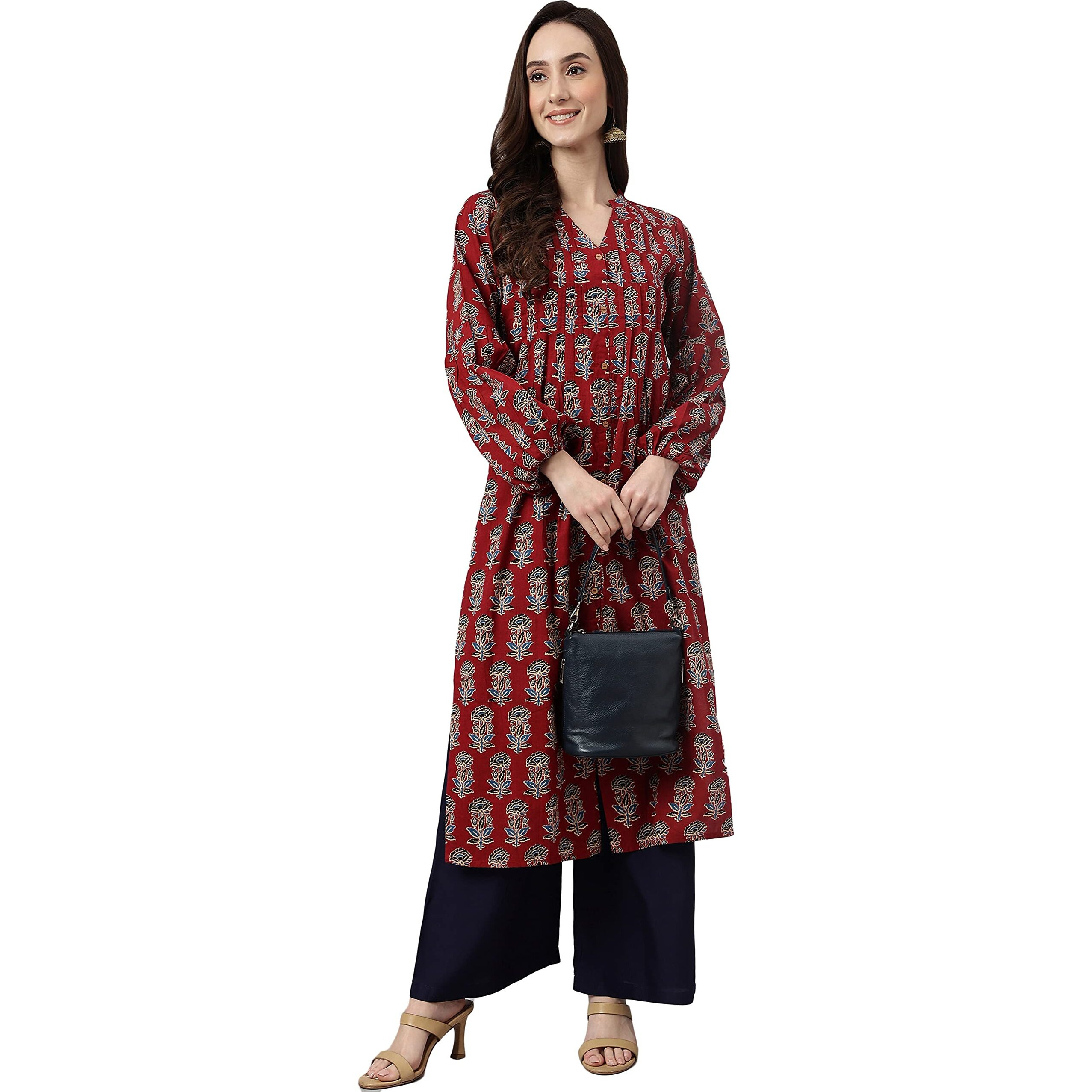 Janasya Women's Maroon Cotton Floral Block Print Straight Kurta(JNE4033-KR-M)