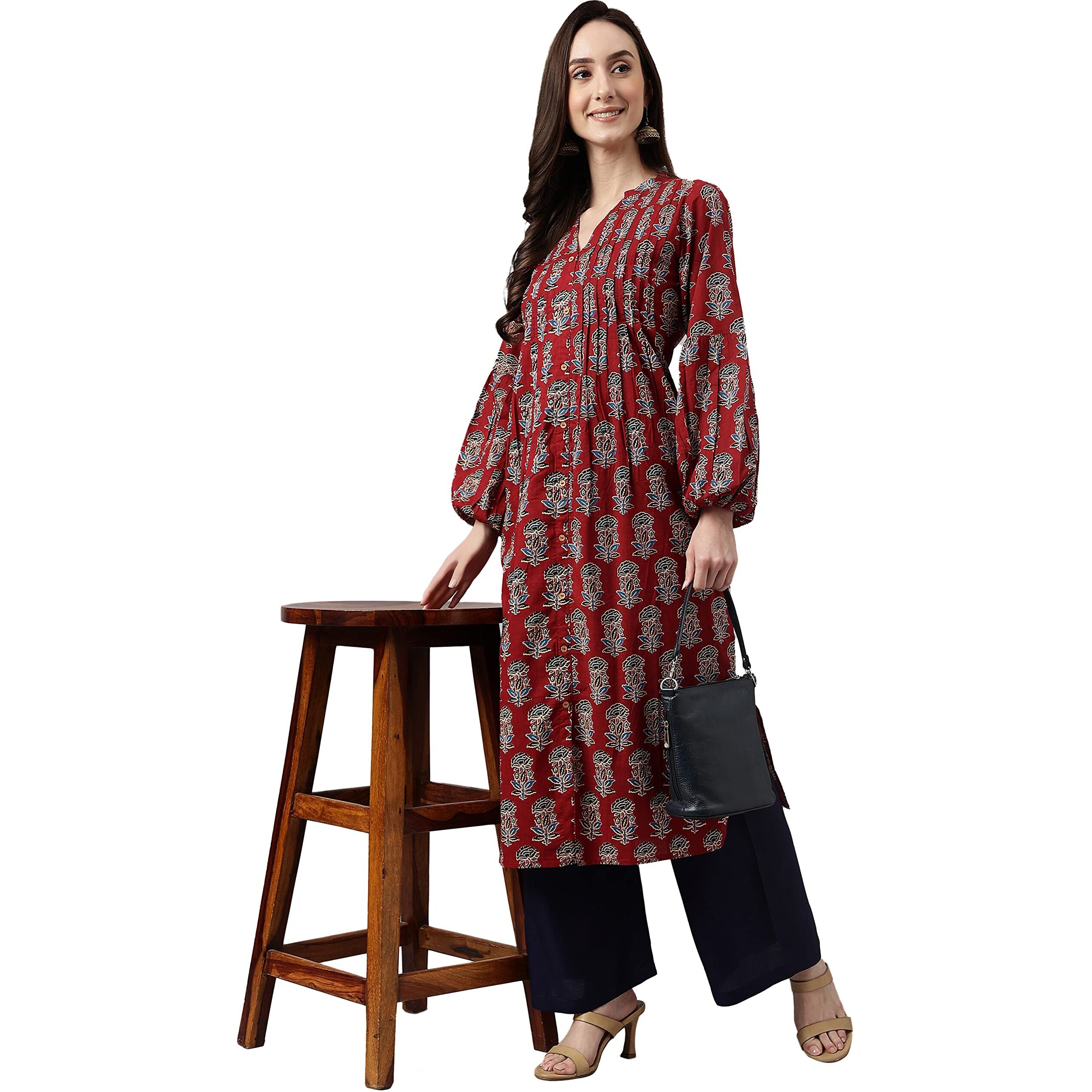 Janasya Women's Maroon Cotton Floral Block Print Straight Kurta(JNE4033-KR-M)