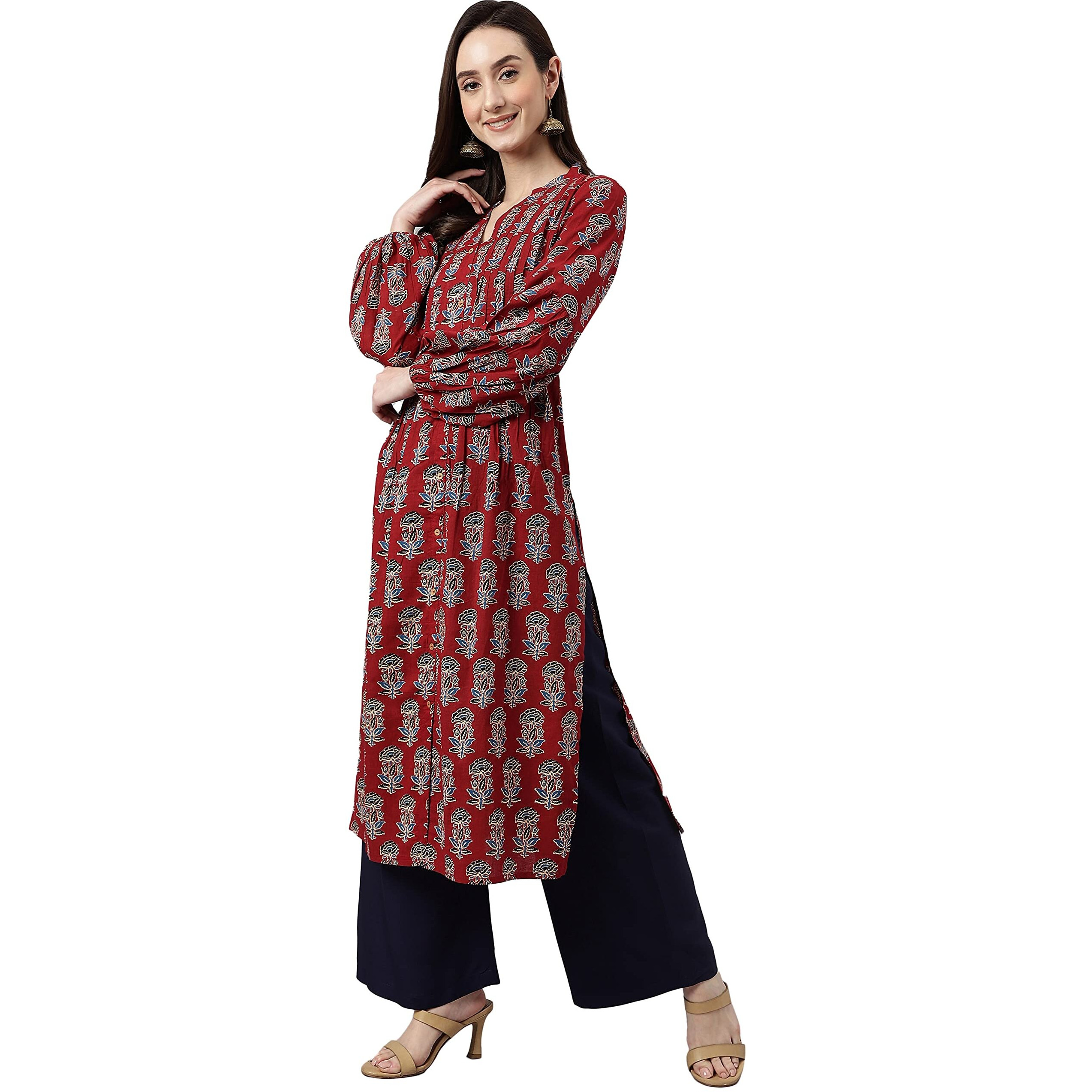 Janasya Women's Maroon Cotton Floral Block Print Straight Kurta(JNE4033-KR-M)