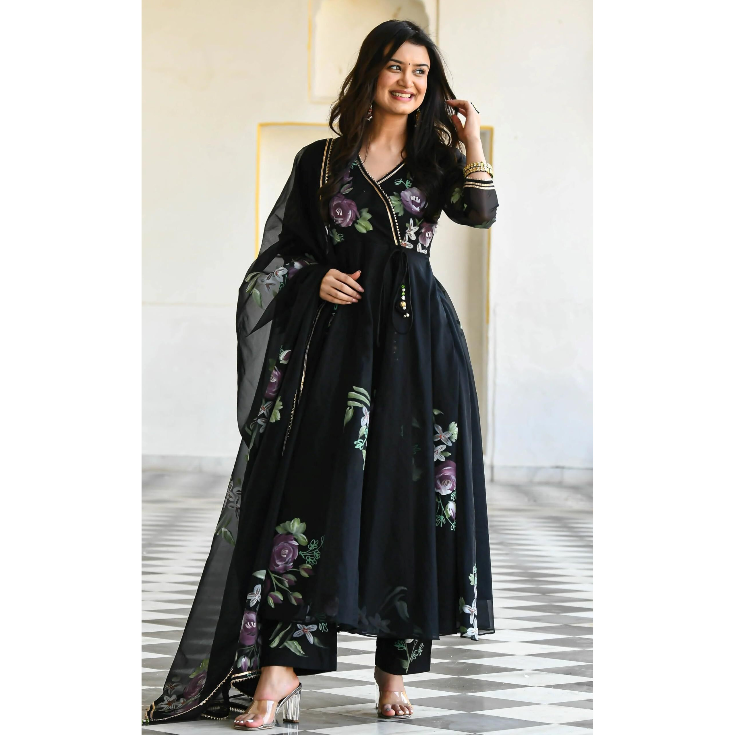 Sugathari Women's Black Georgette Anarkali Floral Printed Kurta with Pant & Dupatta (Dress 113 Black S)