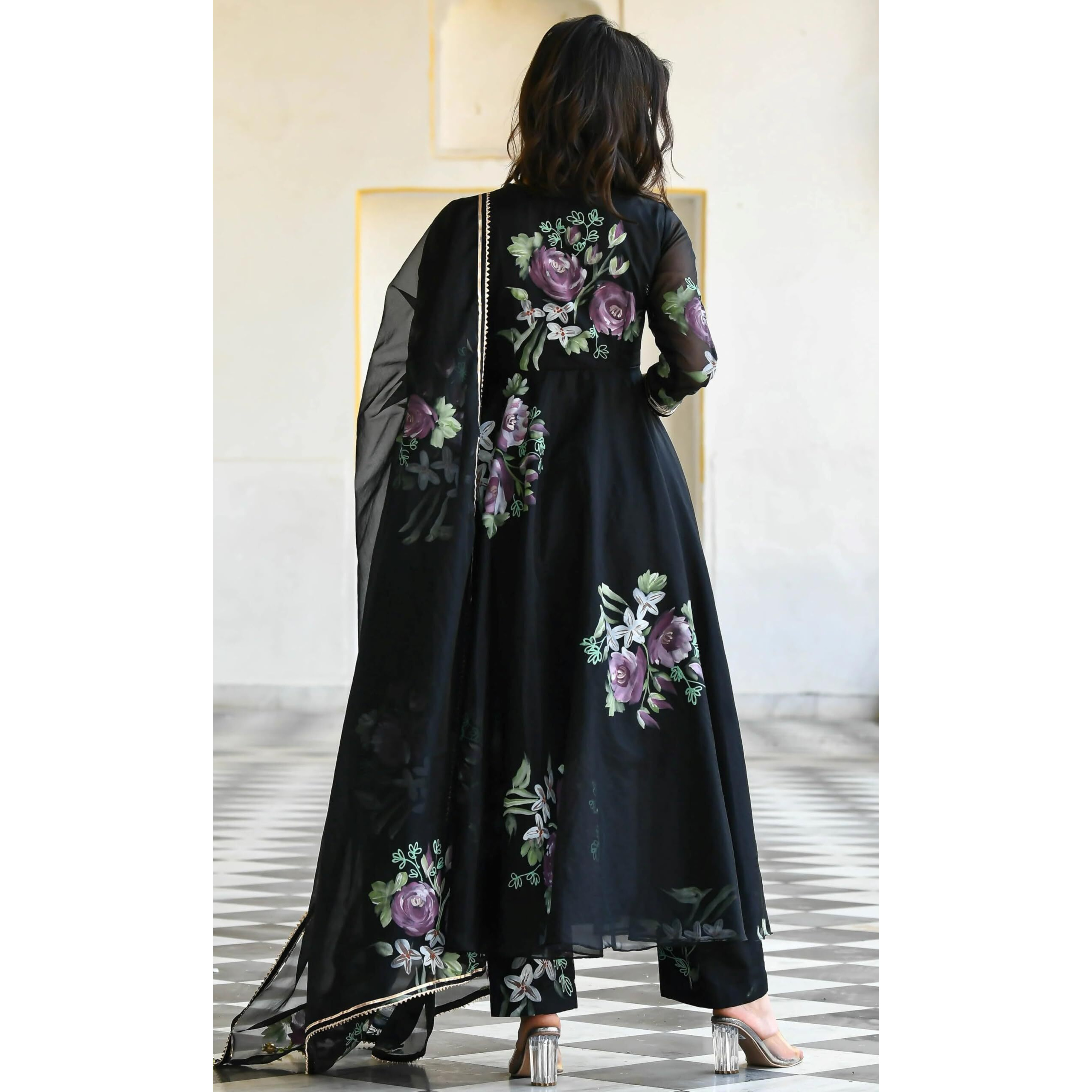 Sugathari Women's Black Georgette Anarkali Floral Printed Kurta with Pant & Dupatta (Dress 113 Black S)