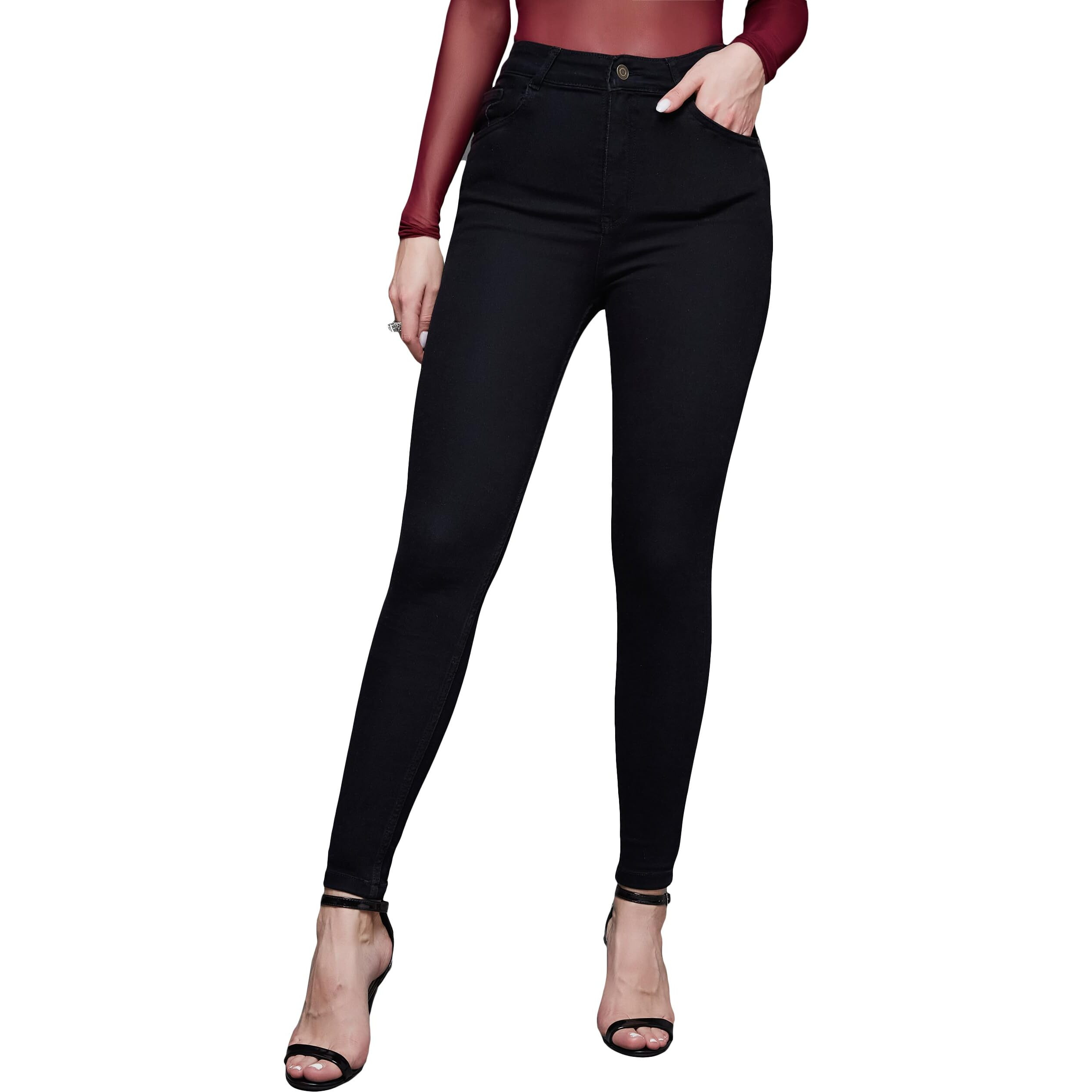 Miss Chase Women's Skinny Fit High Rise Clean Look Regular Length Stretchable Denim Jeans (MCAW18DEN02-76-62-36, Black, 36)