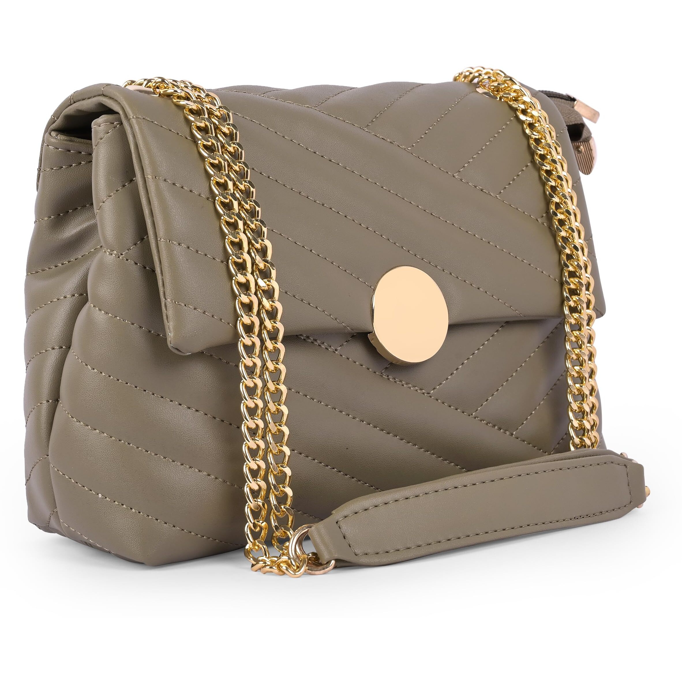 ADISA Women's Girls Quilted Cross Body Sling Bag with Gold Chain (SL5136) (Olive)