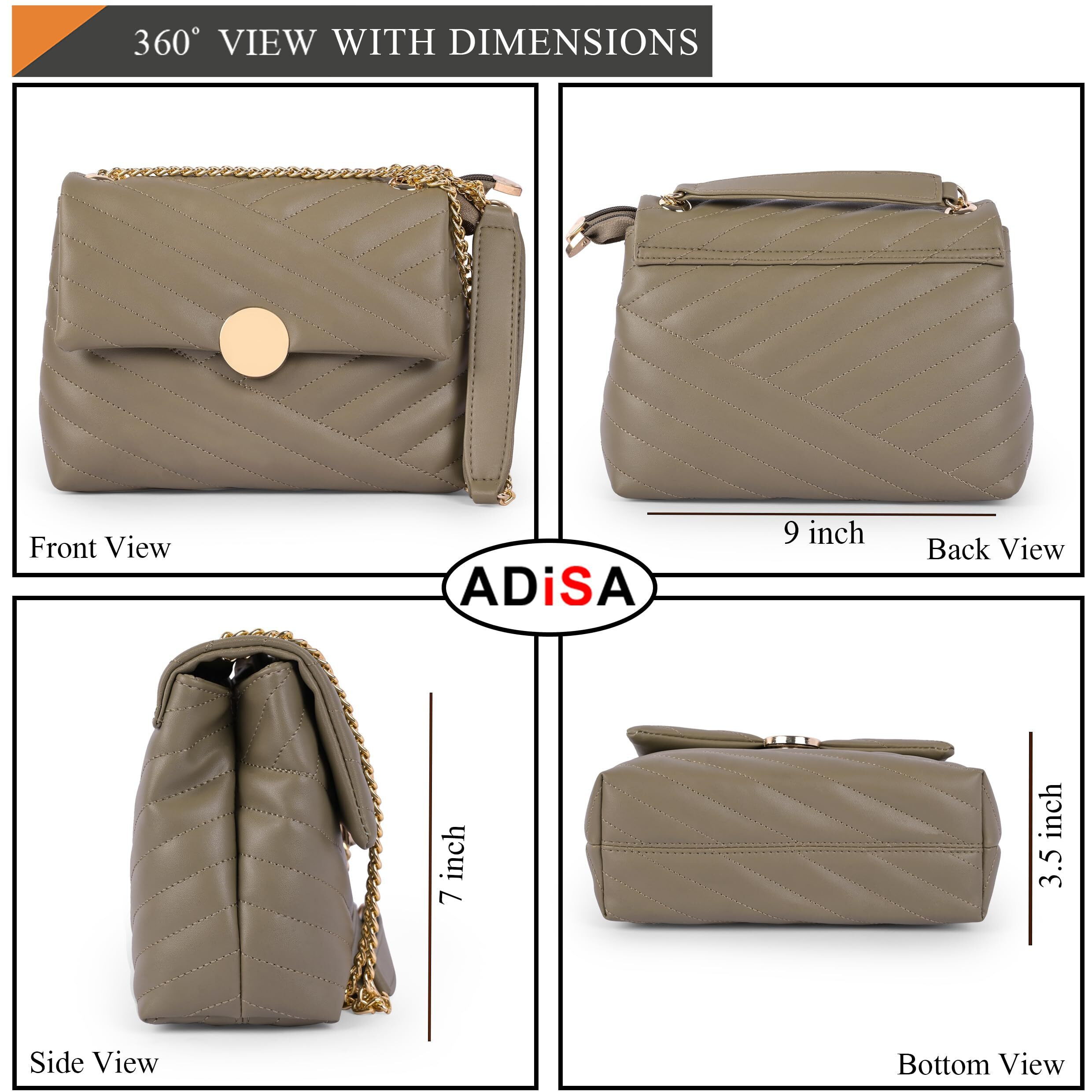 ADISA Women's Girls Quilted Cross Body Sling Bag with Gold Chain (SL5136) (Olive)