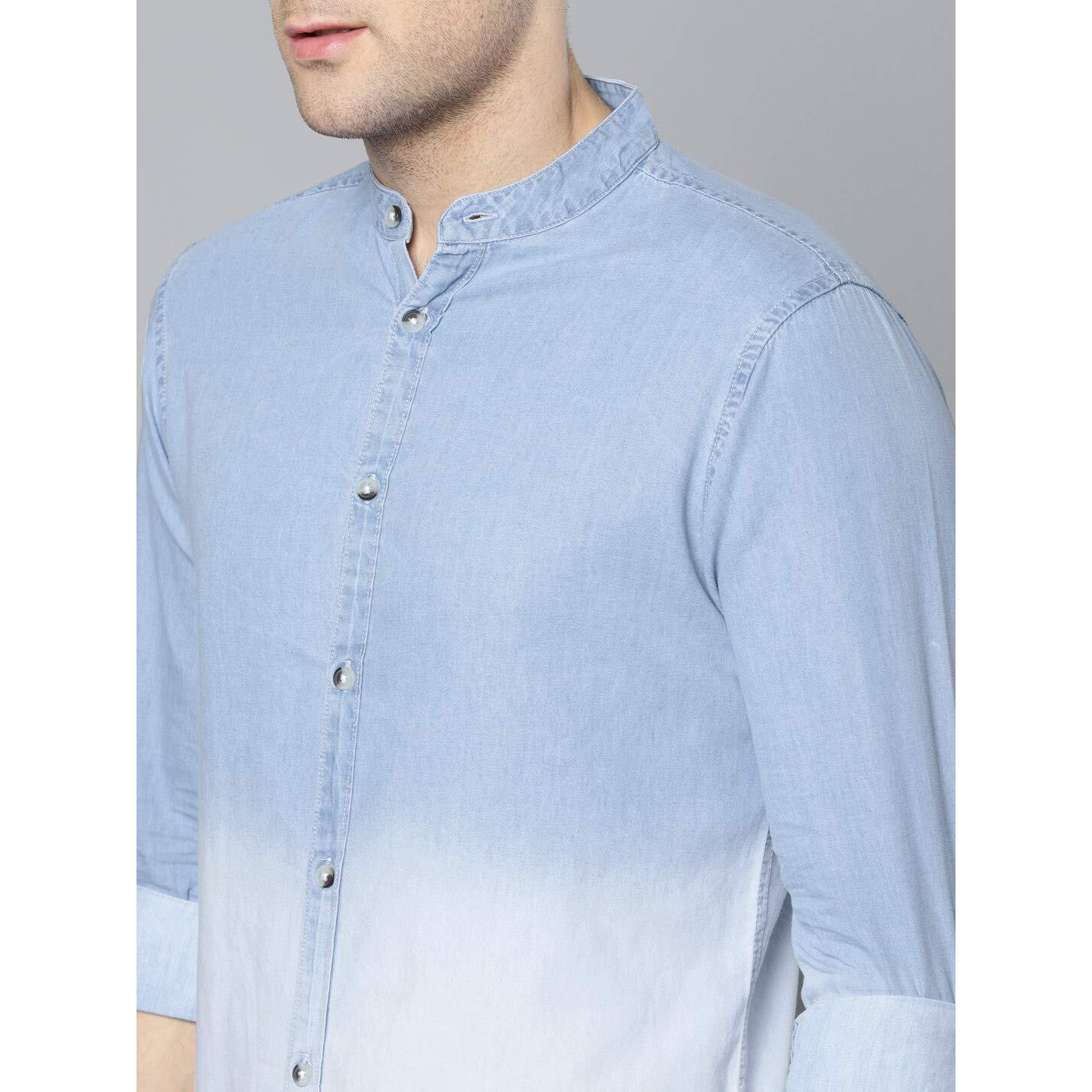 Dennis Lingo Men's Cotton Full Sleeves Cotton Denim Solid Casual Shirt with Mandarin Collar (Light Blue, L)