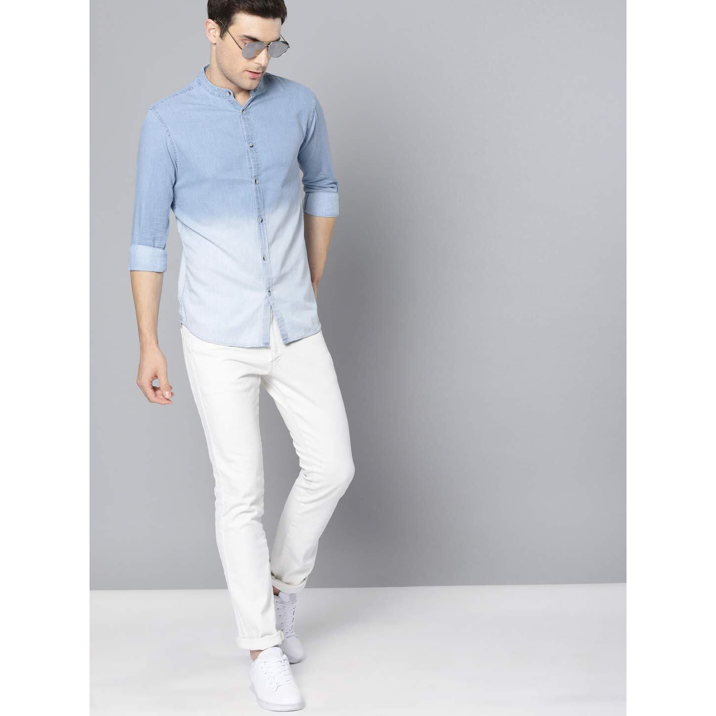 Dennis Lingo Men's Cotton Full Sleeves Cotton Denim Solid Casual Shirt with Mandarin Collar (Light Blue, L)