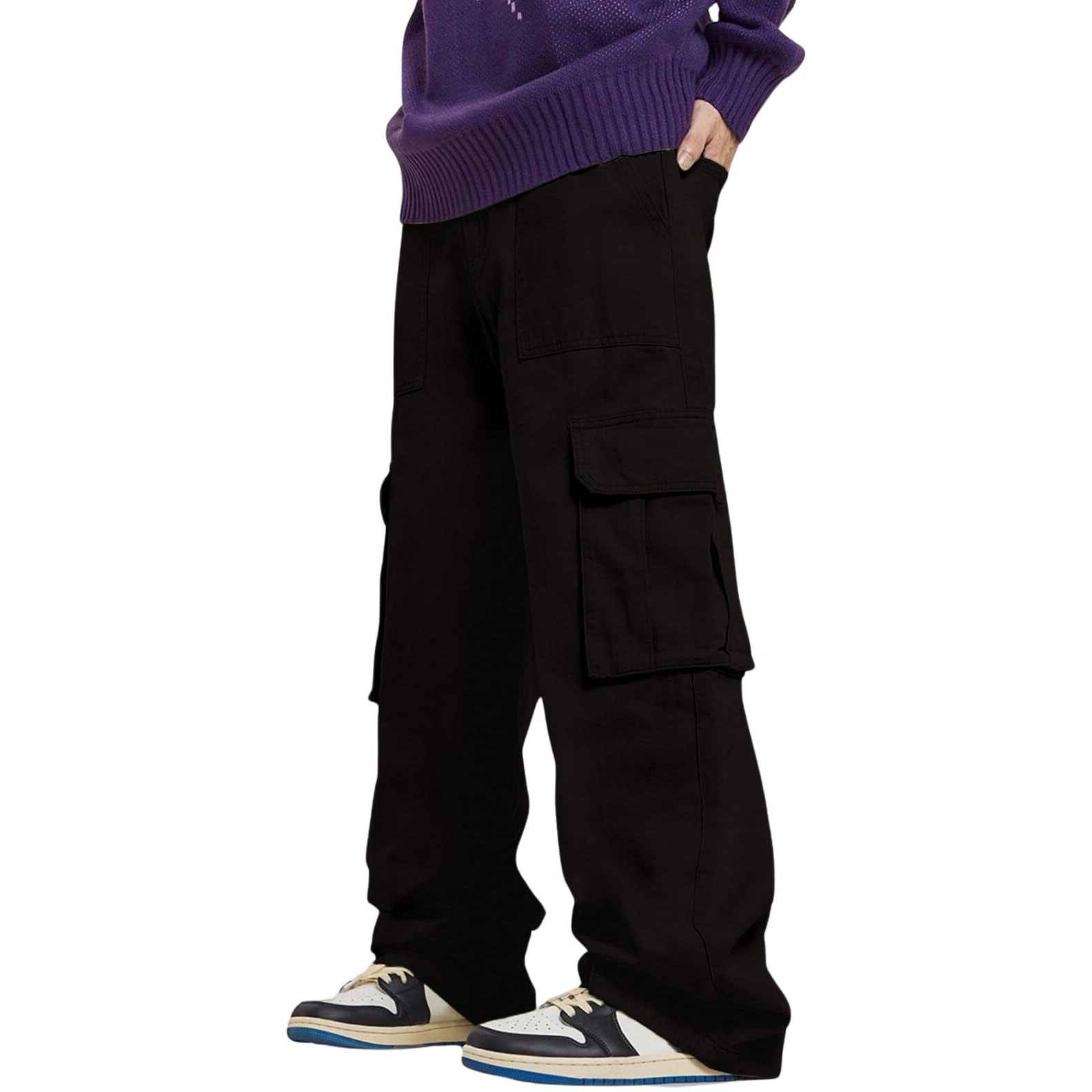 GRECIILOOKS Regular Fit Cotton Trousers Baggy Pants Cargos for Men (GL-TP-1076_Black_M)