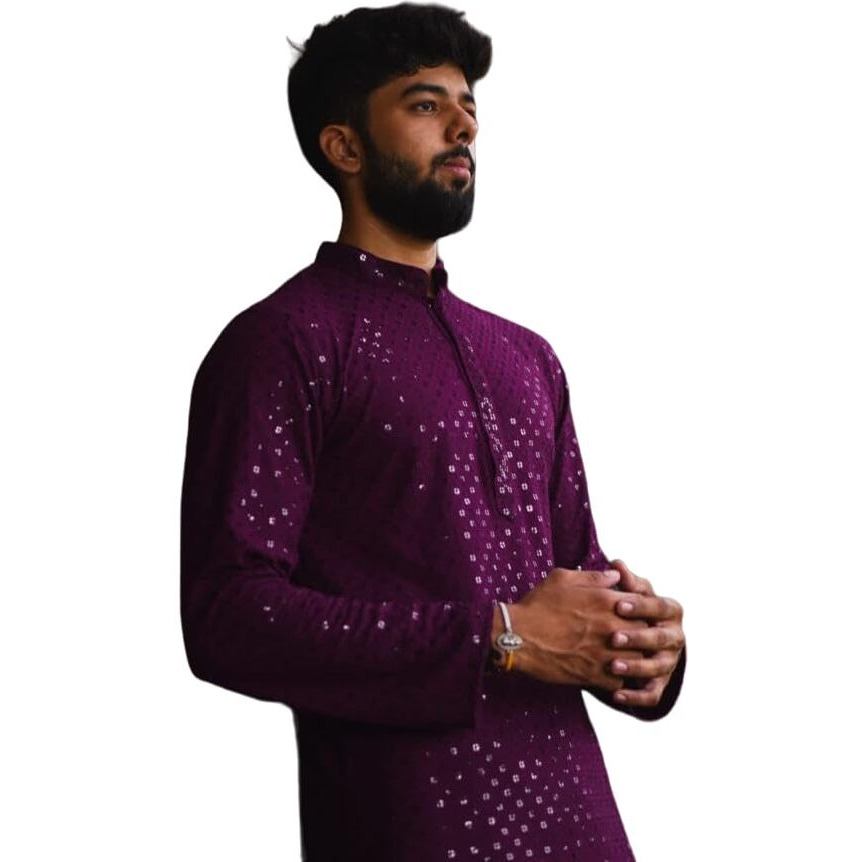 LookMark Present Men's Pure Rayon Chikankari Sequins Kurta||Men's Chikankari Purple Coloured Kurta|| AZ-LM-OG-Kurta 11 Purple-L