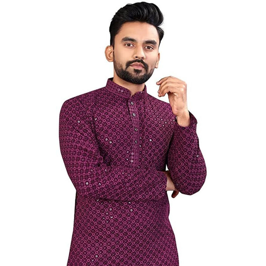 LookMark Present Men's Pure Rayon Chikankari Sequins Kurta||Men's Chikankari Purple Coloured Kurta|| AZ-LM-OG-Kurta 11 Purple-L