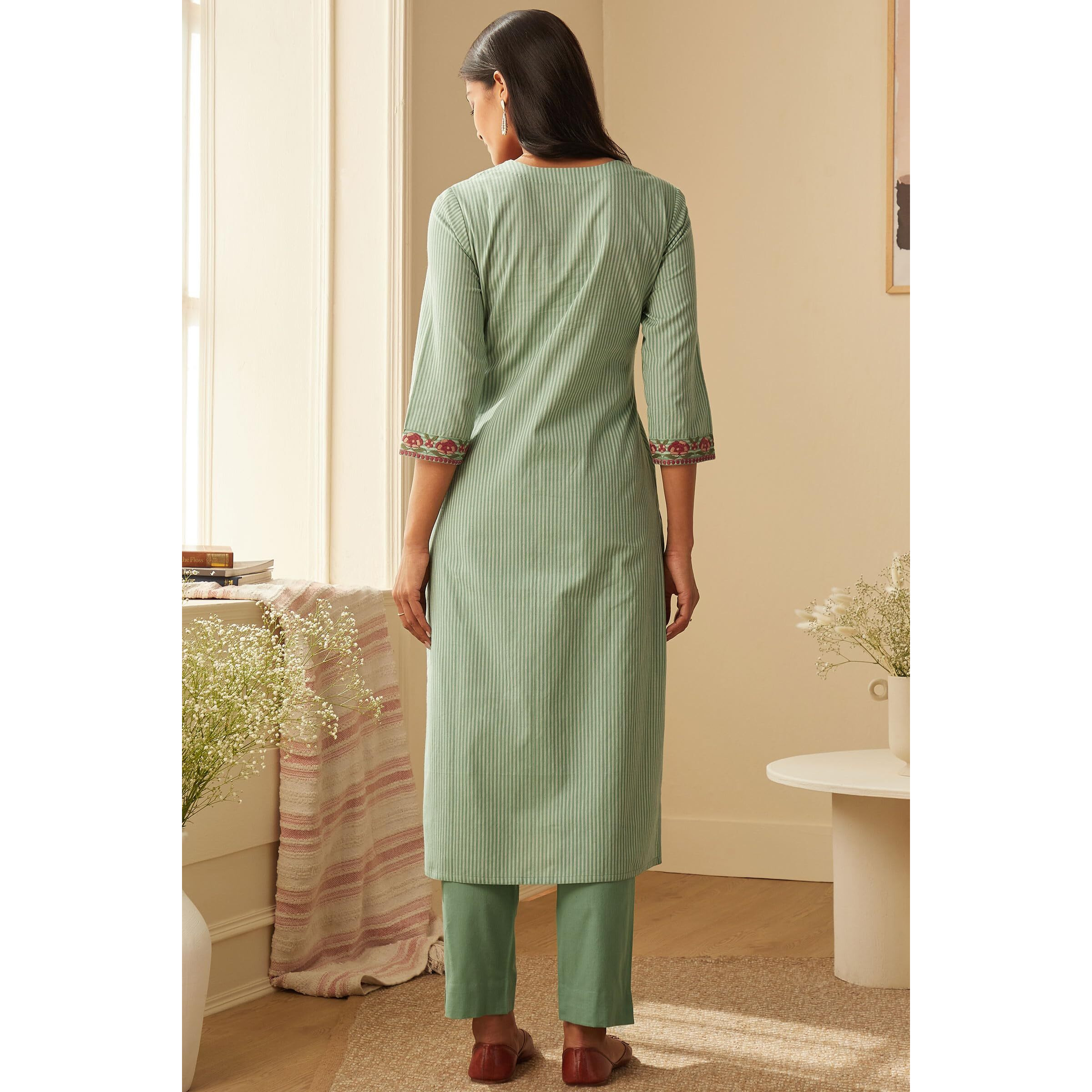 GoSriKi Women's Cotton Blend Embroidered Straight Kurta with Pant & Dupatta (FARIGUP-Green-GS_L_Green_Large)