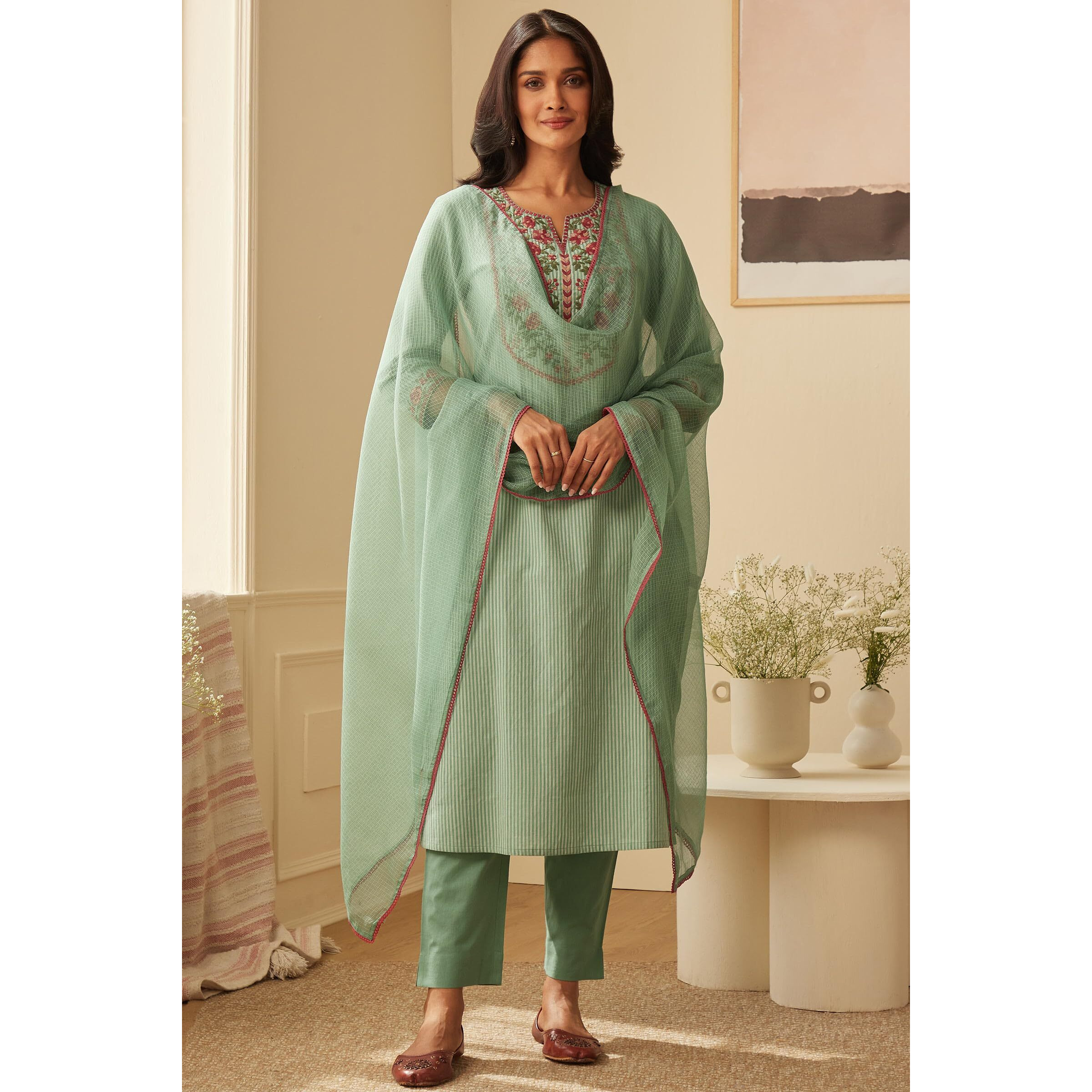 GoSriKi Women's Cotton Blend Embroidered Straight Kurta with Pant & Dupatta (FARIGUP-Green-GS_L_Green_Large)