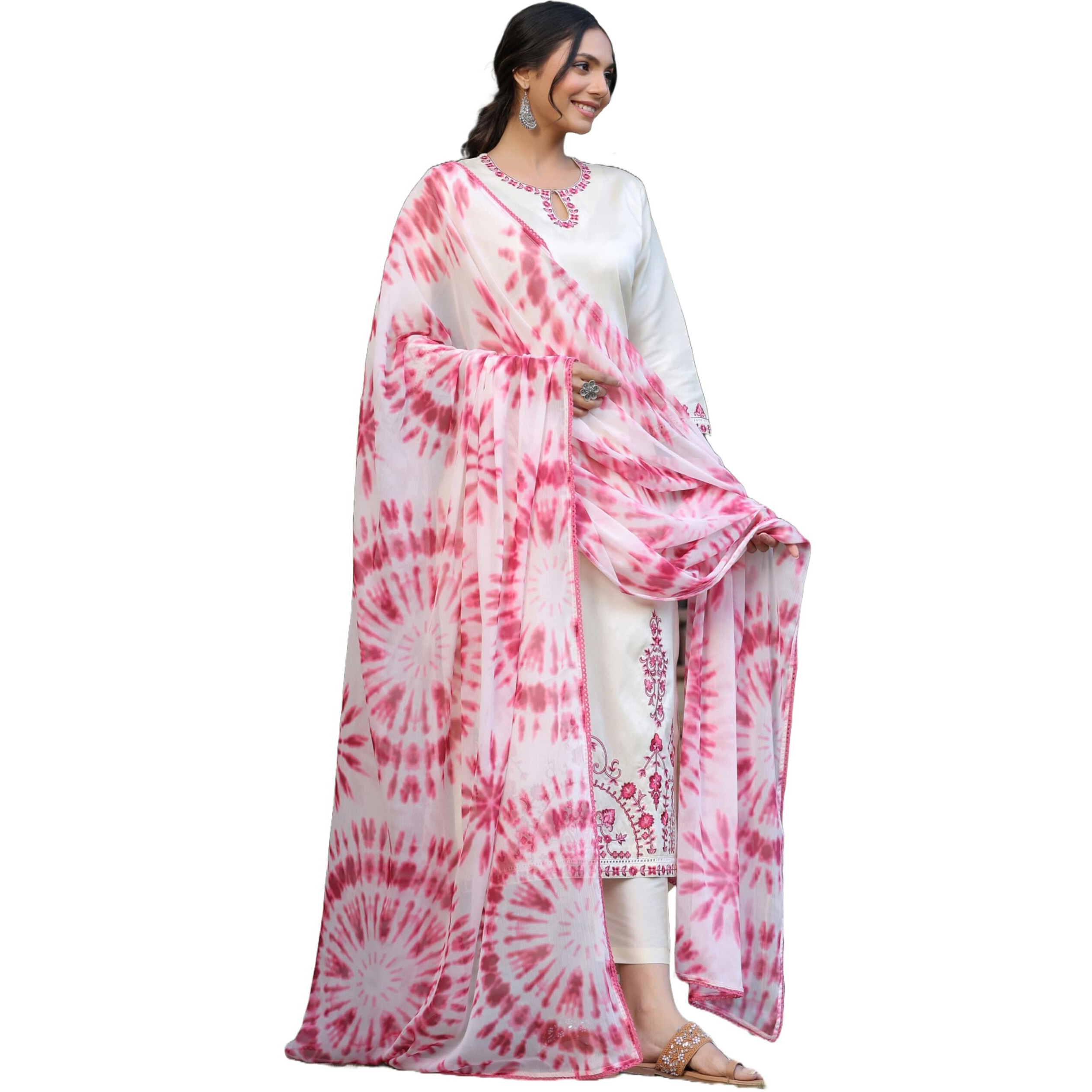 GoSriKi Women's Cotton Blend Straight Embroidered Kurta with Pant & Dupatta (BHAVI Cream-GS_XXL_Cream_XX-Large)