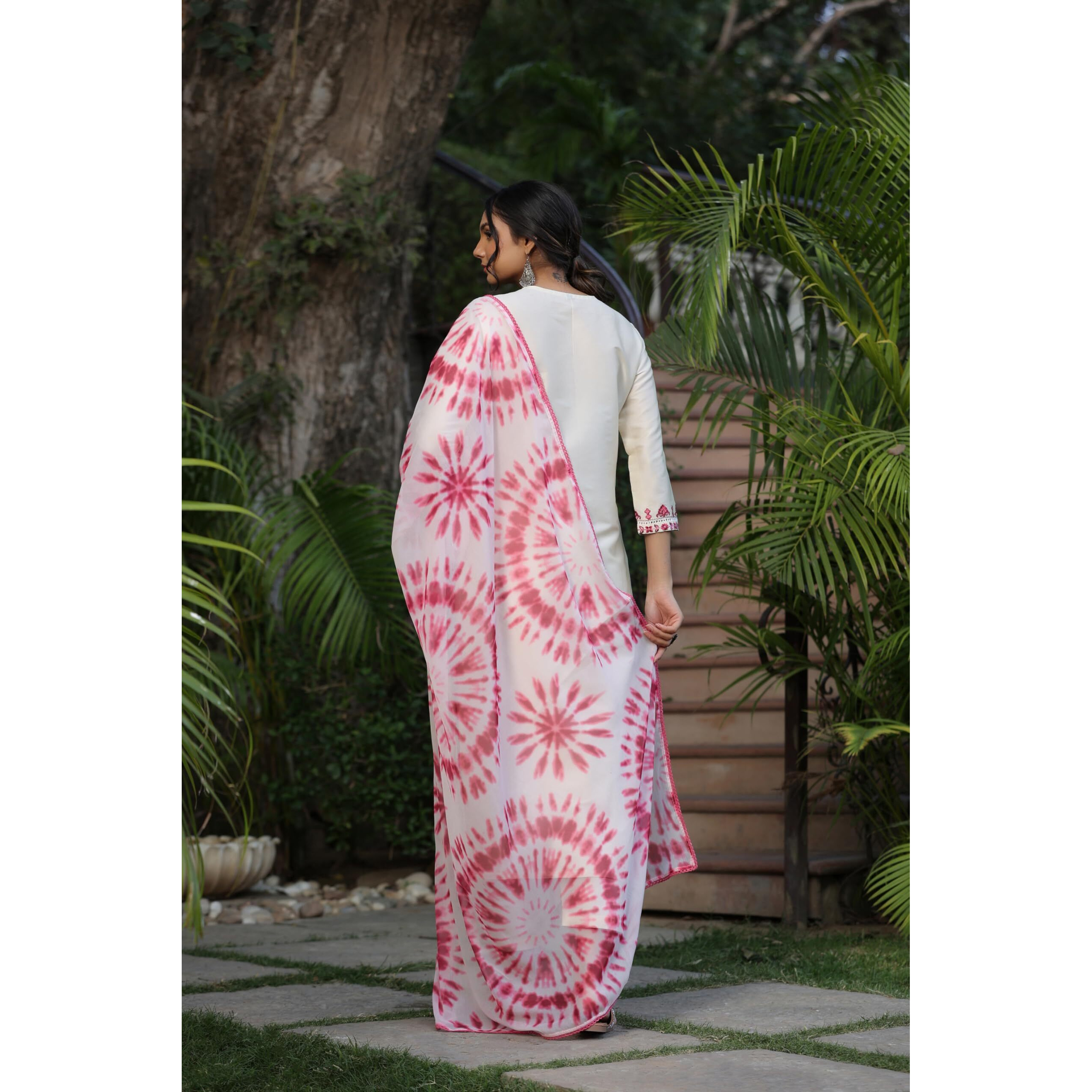 GoSriKi Women's Cotton Blend Straight Embroidered Kurta with Pant & Dupatta (BHAVI Cream-GS_XXL_Cream_XX-Large)