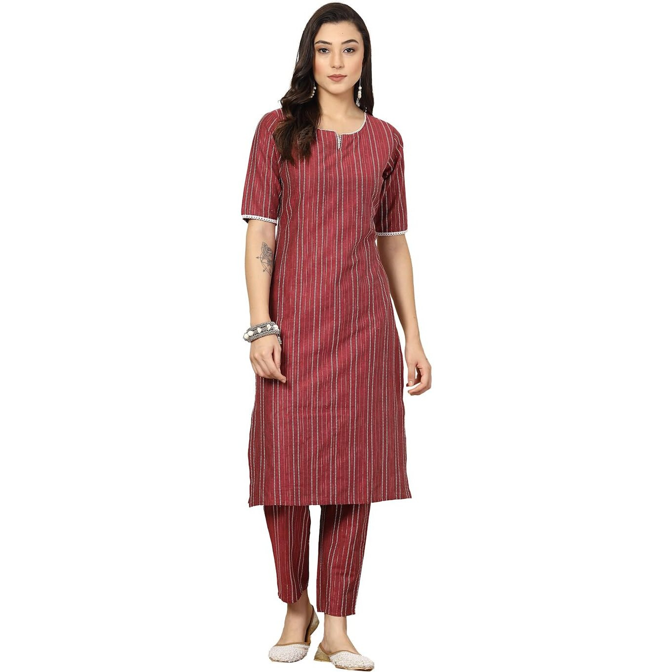 Stylum Women's Self Woven Striped Cotton Blend Straight Kurta Pant Set