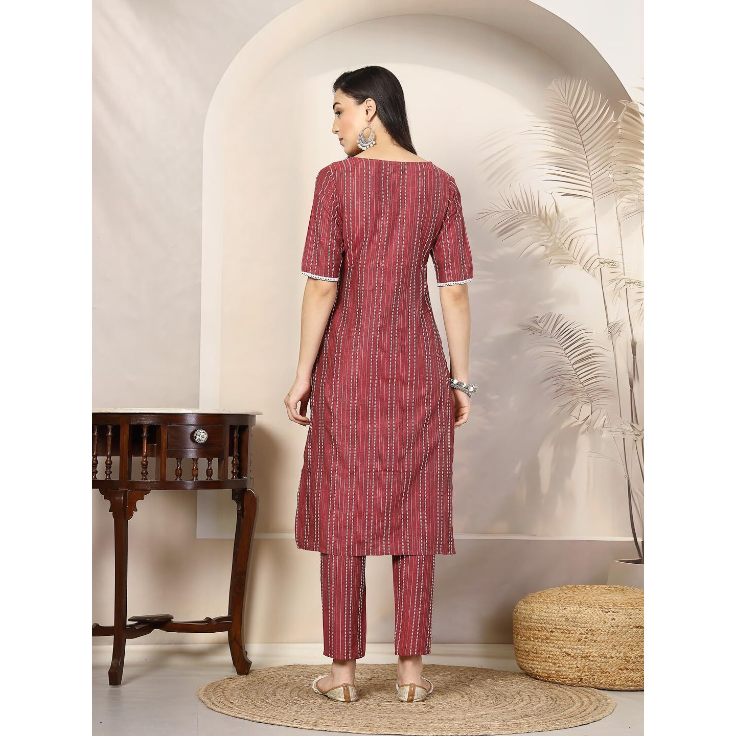 Stylum Women's Self Woven Striped Cotton Blend Straight Kurta Pant Set