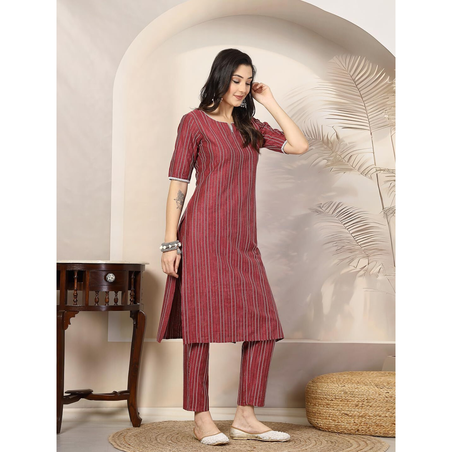 Stylum Women's Self Woven Striped Cotton Blend Straight Kurta Pant Set