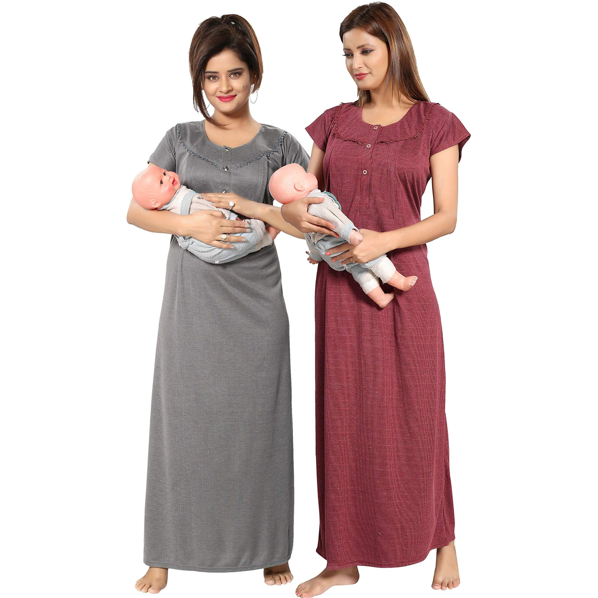 Fabme Women's Cotton Blend Striped Floor Length Night Gown (Po2-Nw0142-Mr-Lgy_Maroon, Grey_Free Size)