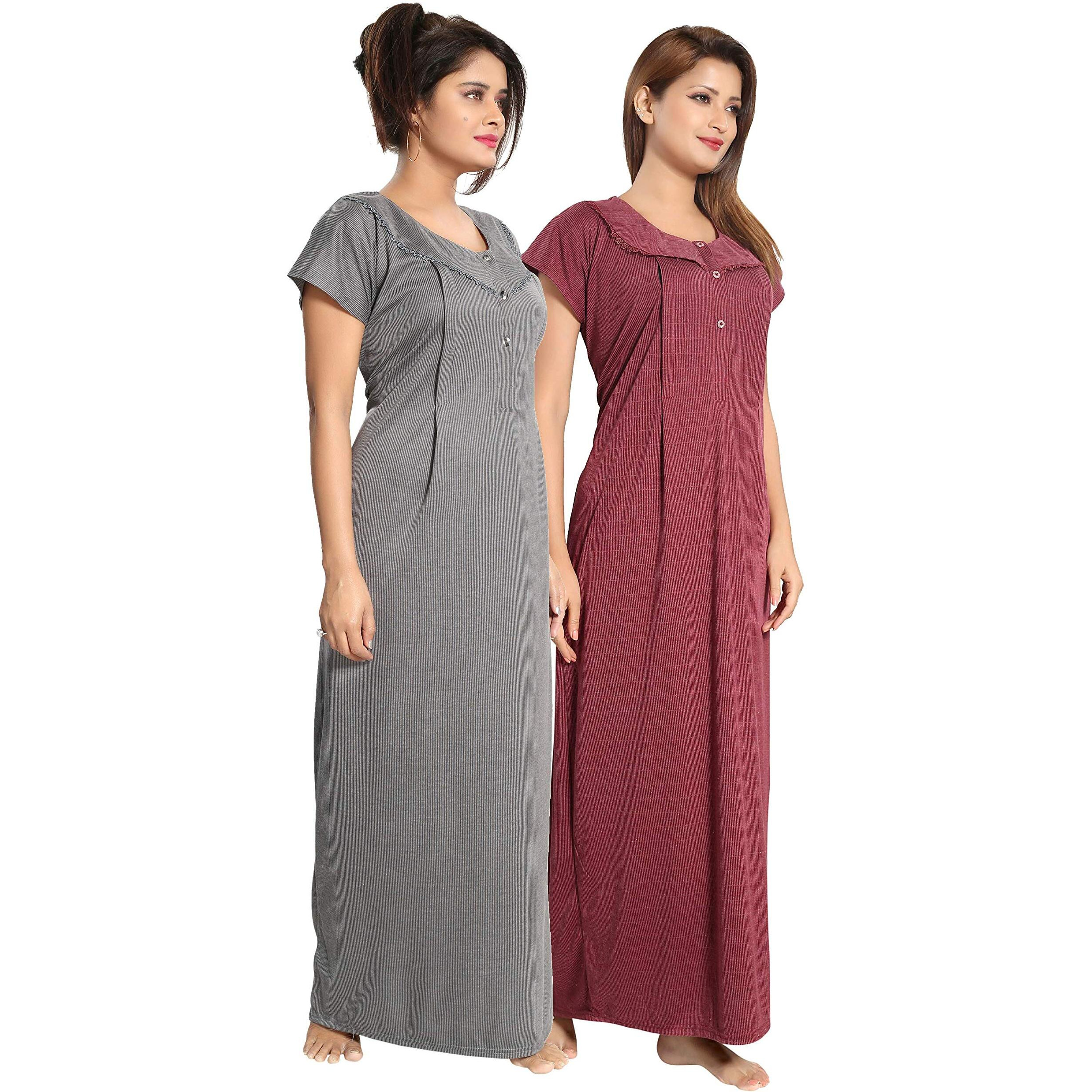 Fabme Women's Cotton Blend Striped Floor Length Night Gown (Po2-Nw0142-Mr-Lgy_Maroon, Grey_Free Size)