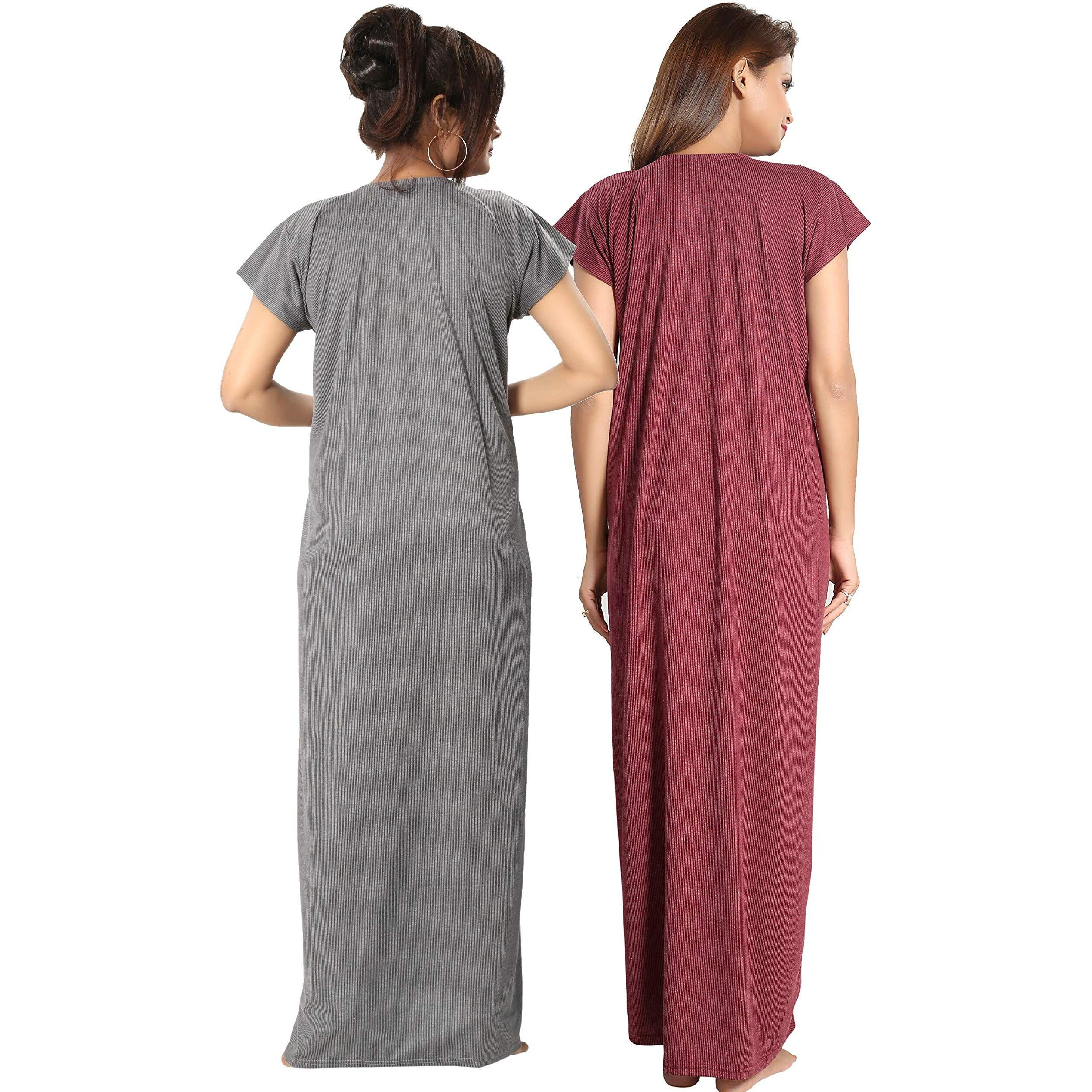Fabme Women's Cotton Blend Striped Floor Length Night Gown (Po2-Nw0142-Mr-Lgy_Maroon, Grey_Free Size)