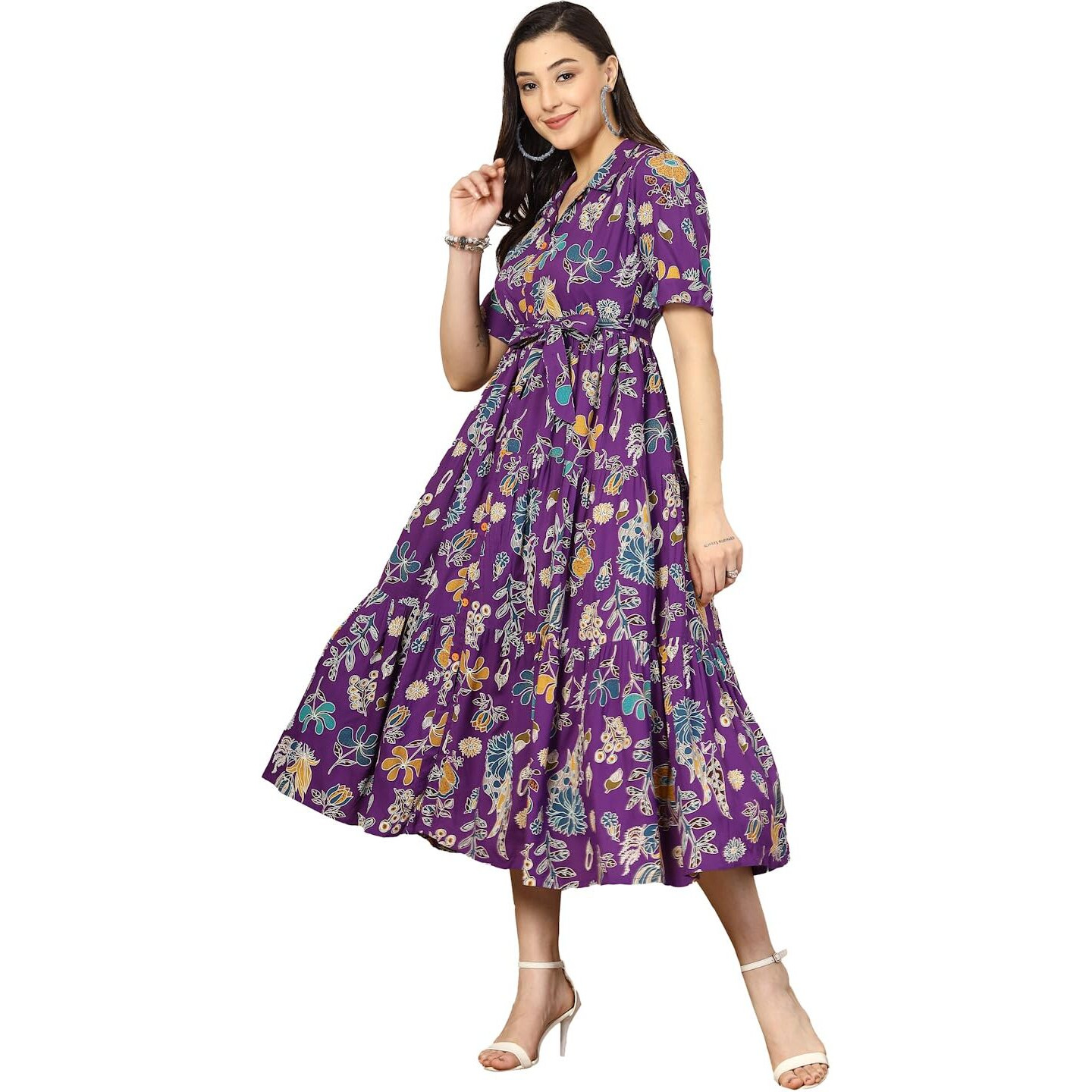 Stylum Women's Tropical Printed Rayon Tiered Dress (DRSVOILSOMIL38_Violet, M)