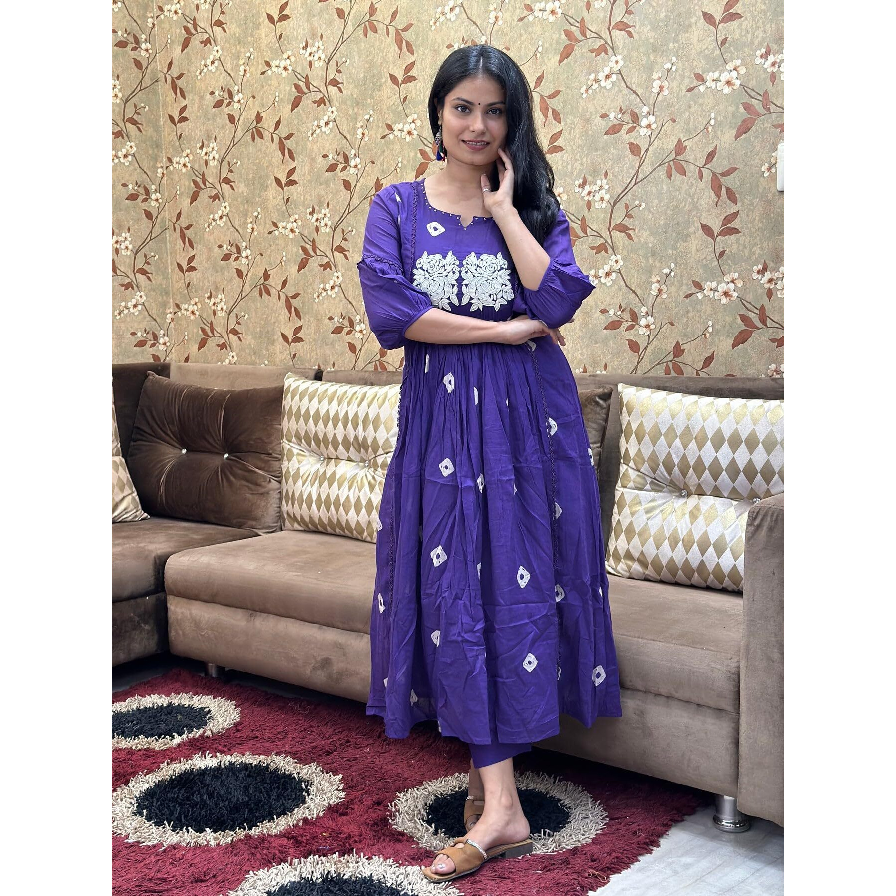 GoSriKi Women's Rayon Blend Anarkali Printed Kurta with Pant (ANVESHI BEGANI-GS_XL_Begani_X-Large)