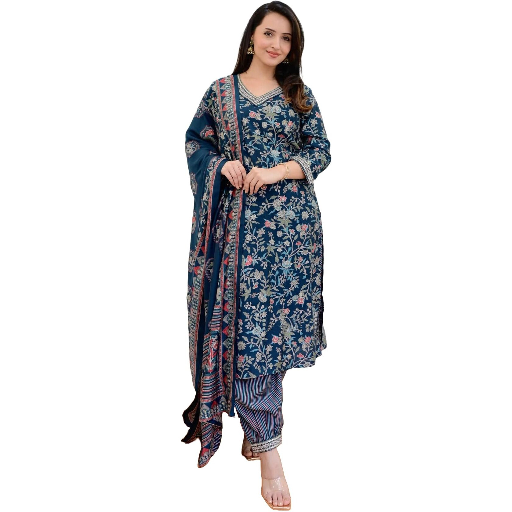KLOSIA Women Printed Kurta and Pant Set with Dupatta (Medium) Blue