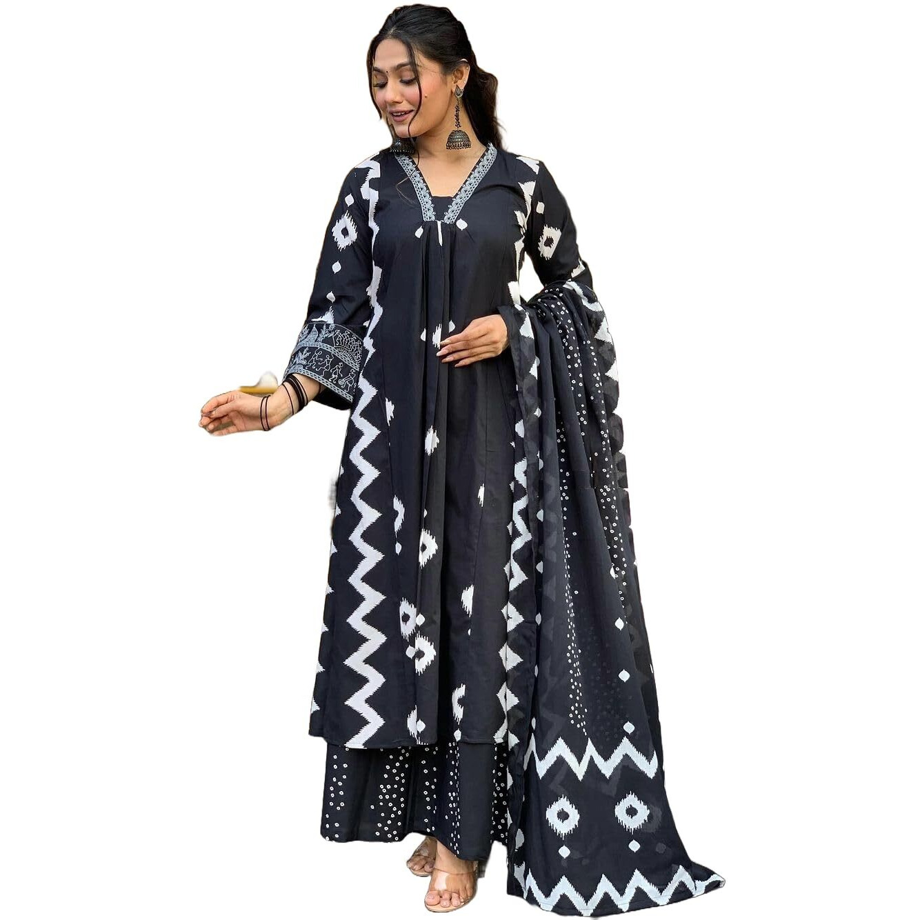 KLOSIA Viscose Women Printed A-Line Kurta Pant With Dupatta (IN, Alpha, XL, Black)