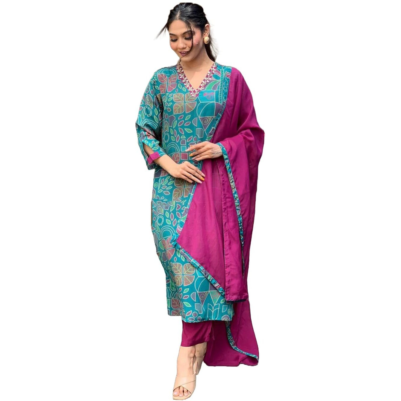 GoSriKi Women's Cotton Blend Straight Printed Kurta with Pant & Dupatta (Down-RAMA-Green-GS_XL_Green_X-Large)
