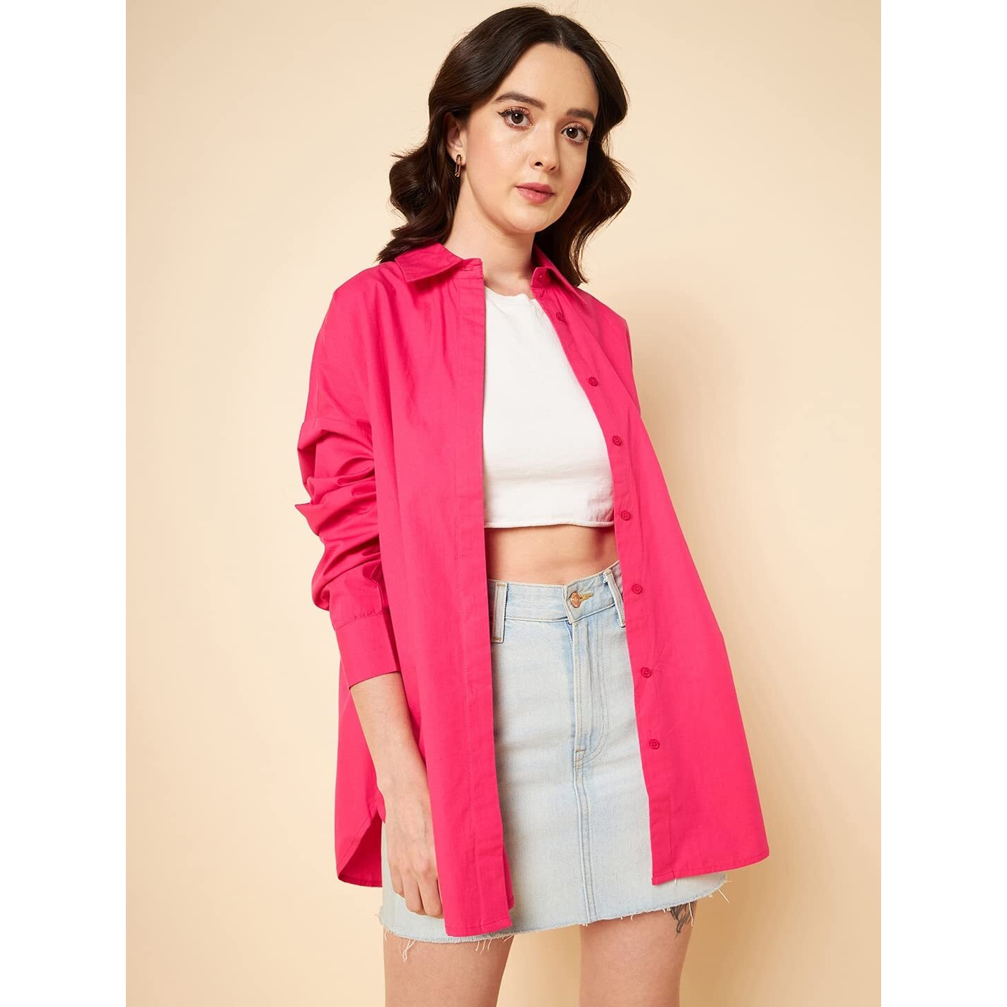 HIGH STAR Women's Solid Oversized Shirts (HSWSHS23001_PN_S_Pink S)