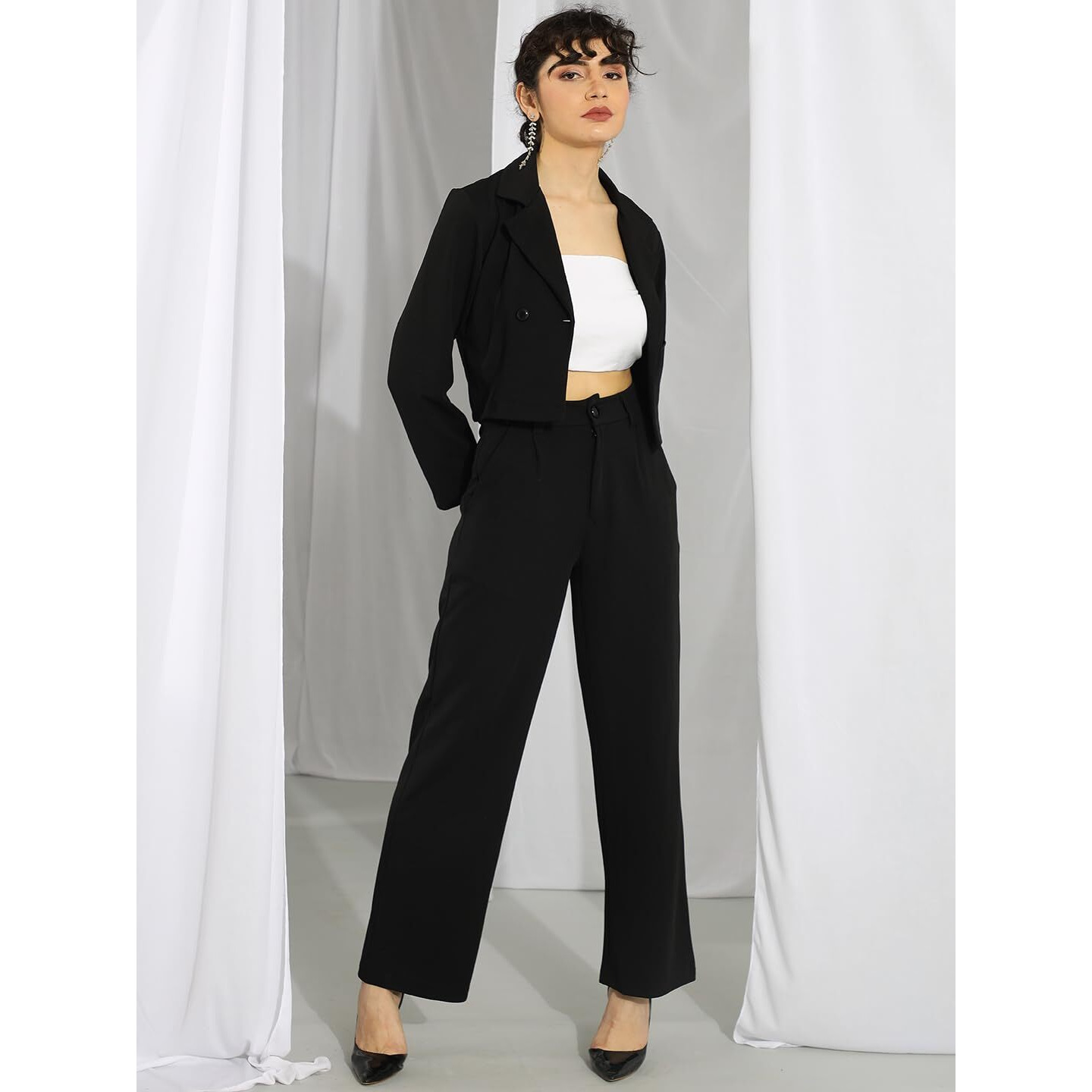 KOTTY Women's Co-ords Solid Dress Set Jet Black