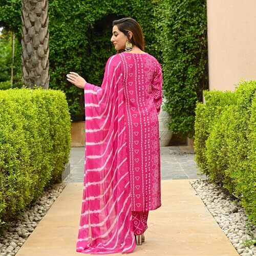 ANNI DESIGNER Women's Rayon Blend Straight Bandhej Printed Kurta with Pant & Dupatta (Baghira Pink_L_Pink_Large)