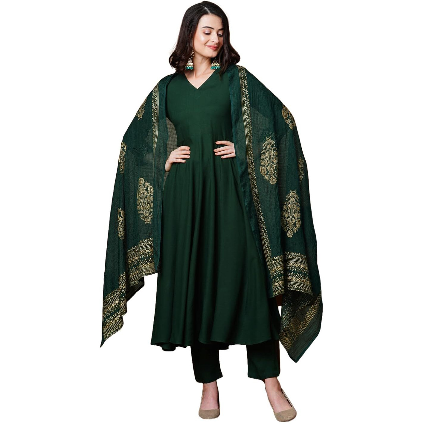 GoSriKi Women's Rayon Blend Solid Anarkali Kurta with Pant & Dupatta (Magic-Green-NDM-GS_XL_Green_X-Large)