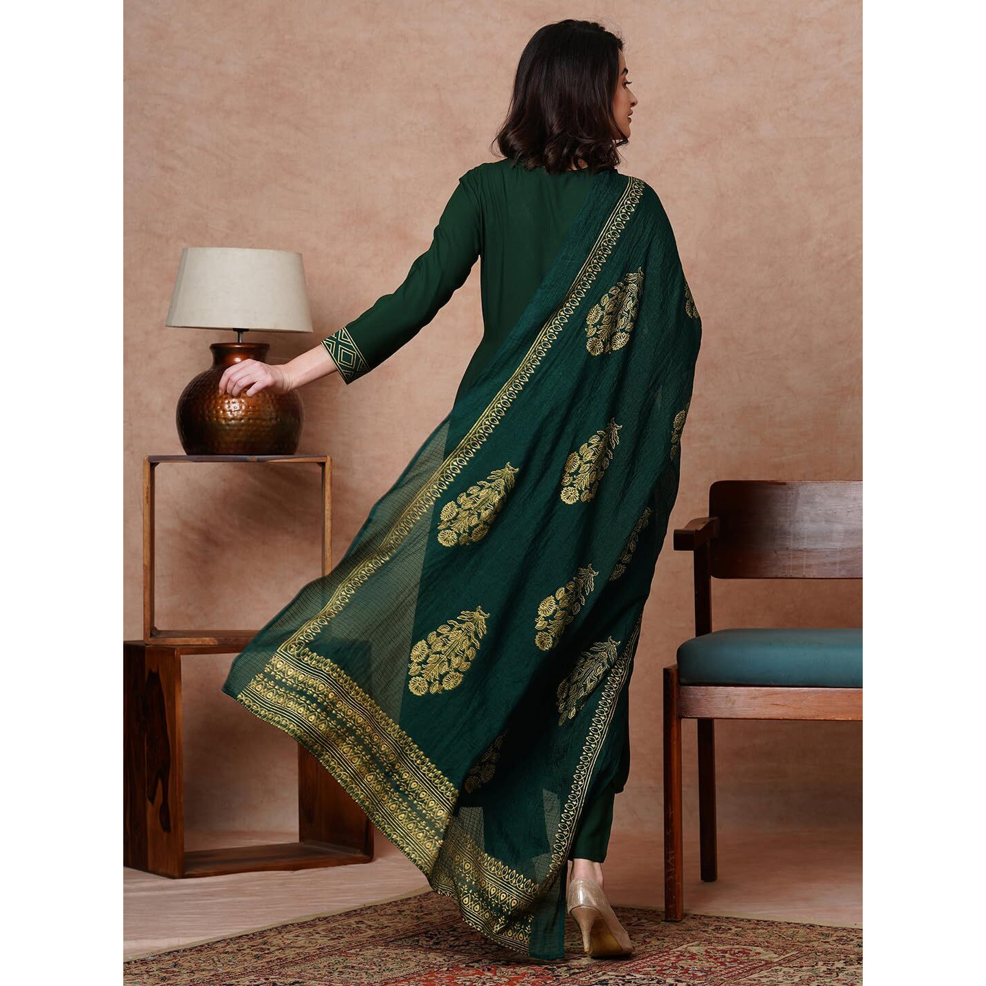 GoSriKi Women's Rayon Blend Solid Anarkali Kurta with Pant & Dupatta (Magic-Green-NDM-GS_XL_Green_X-Large)
