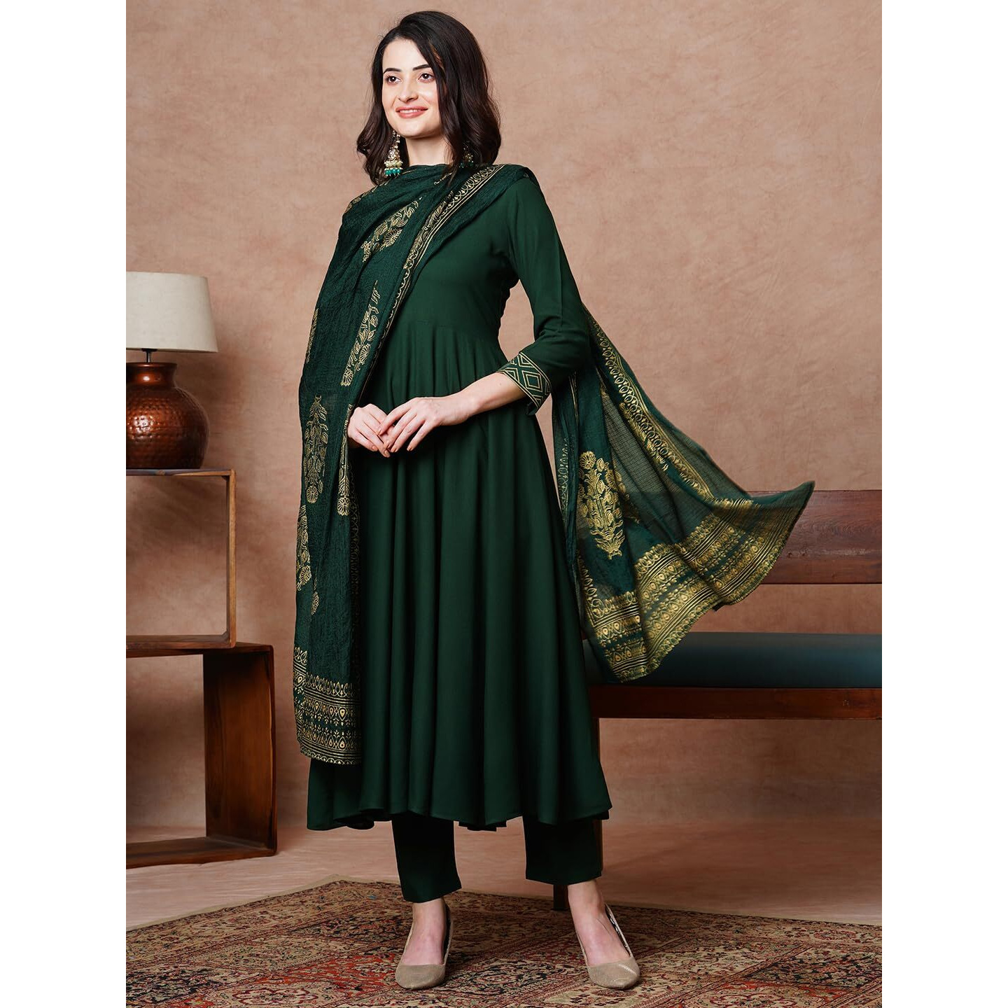 GoSriKi Women's Rayon Blend Solid Anarkali Kurta with Pant & Dupatta (Magic-Green-NDM-GS_XL_Green_X-Large)