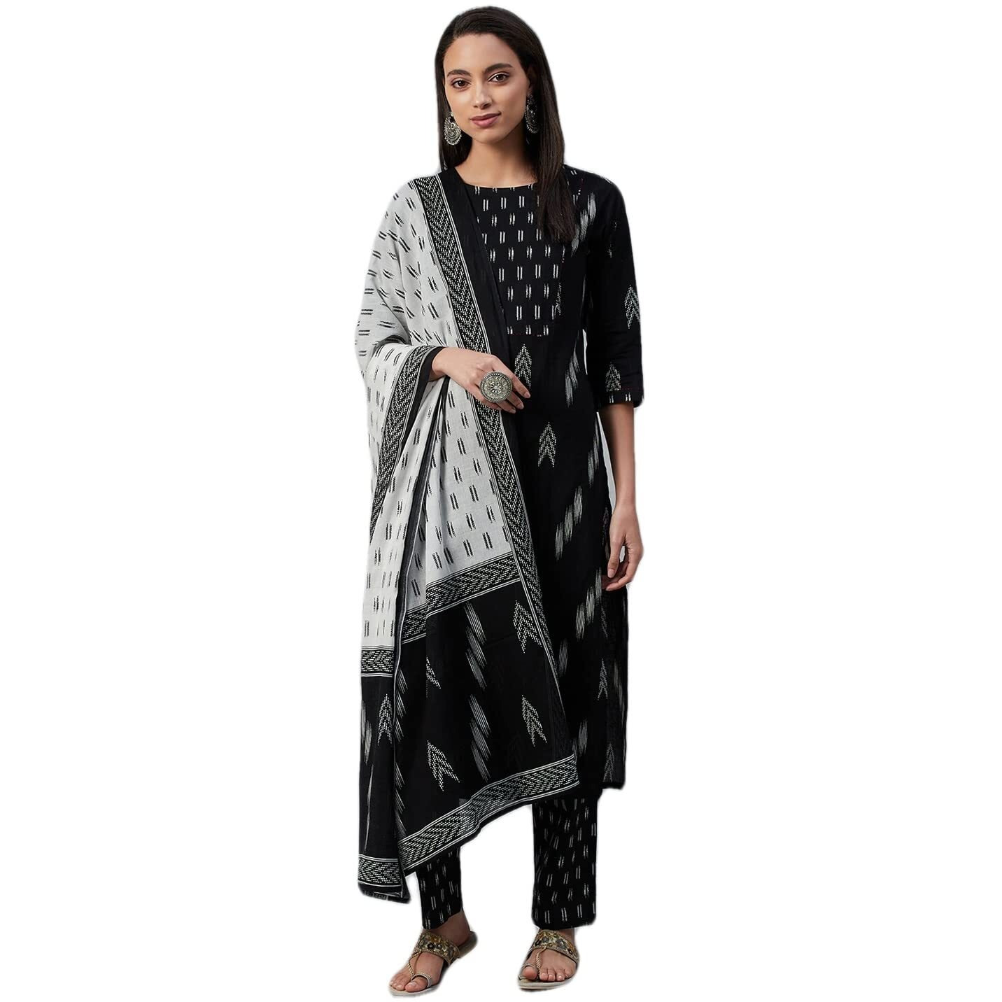 rytras Women's Pure Cotton Printed Straight Kurta Set with Palazzo Pants & Dupatta- Ethnic Wear,Black(RYT251,S)