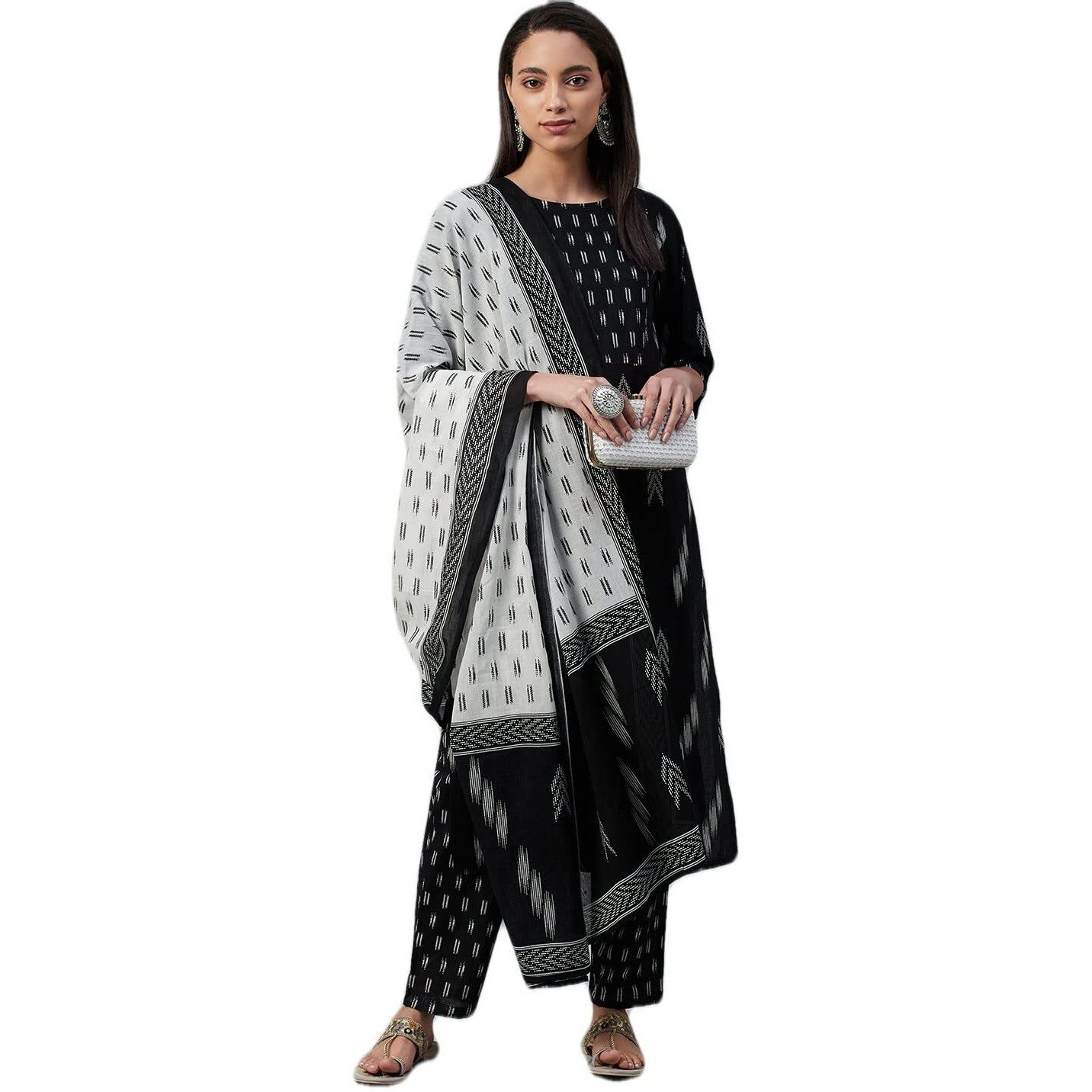 rytras Women's Pure Cotton Printed Straight Kurta Set with Palazzo Pants & Dupatta- Ethnic Wear,Black(RYT251,S)