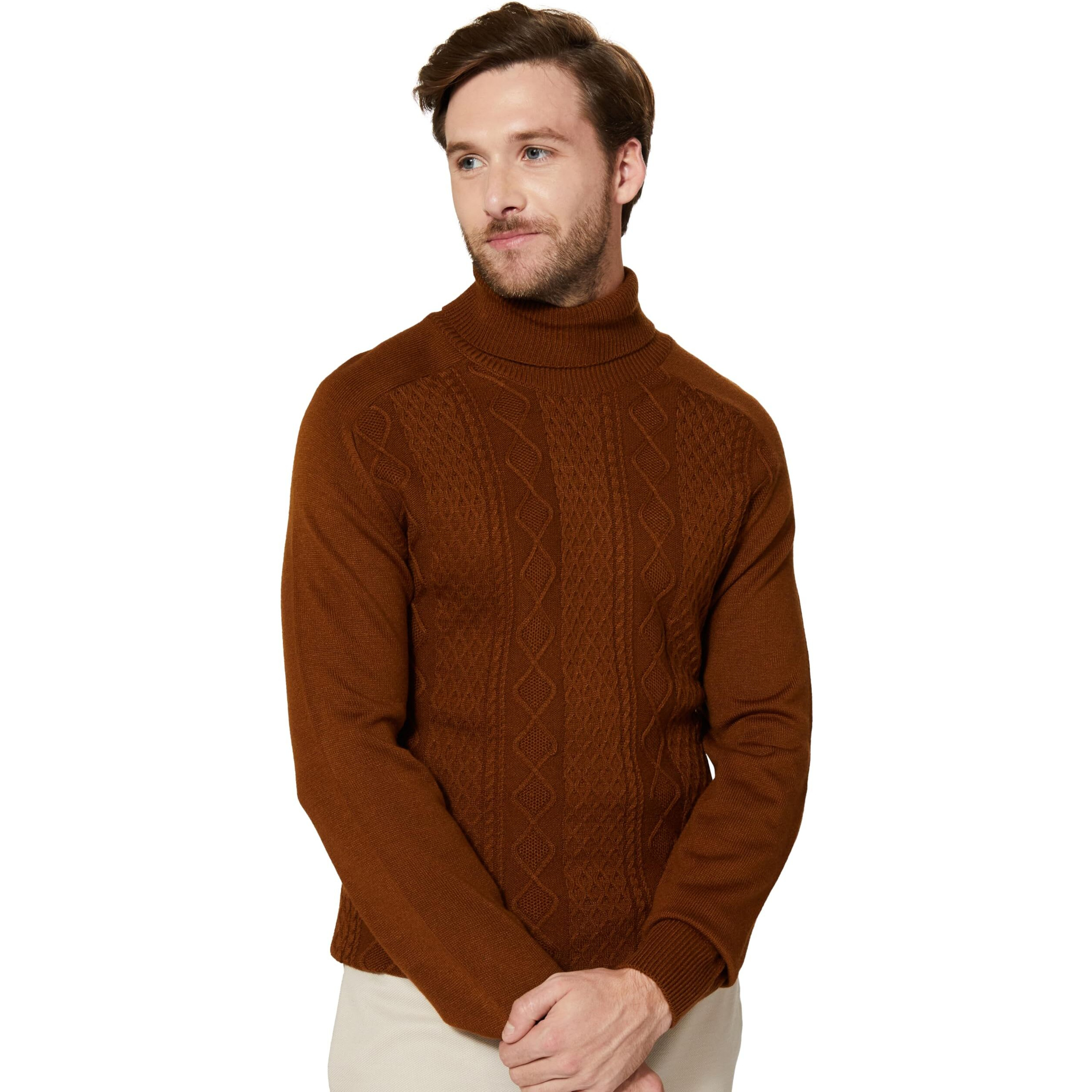 Amazon Brand - Symbol Men's Casual Acrylic High Neck Sweater Ginger,Cable L