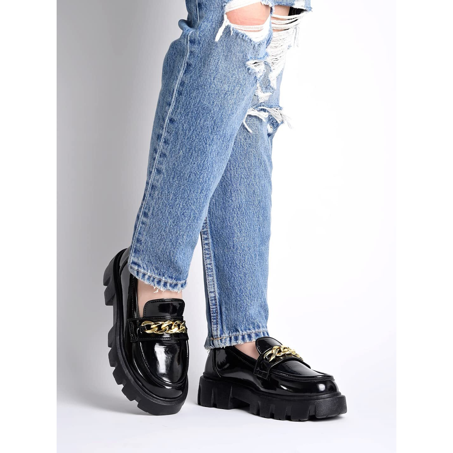 Shoetopia Smart Casual Chain Detailed Black Loafers for Women & Girls /UK7