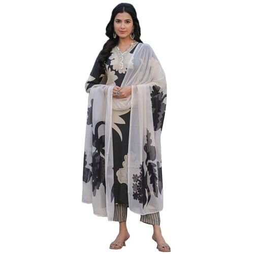 ANNI DESIGNER Women's Cotton Blend Straight Printed Kurta with Pant & Dupatta (5jee Black_XXL_Blue_XX-Large)
