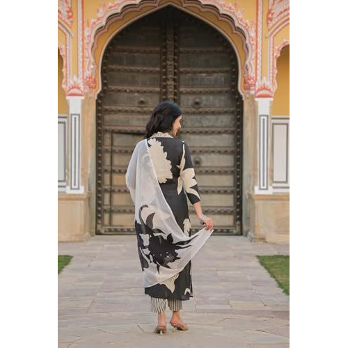 ANNI DESIGNER Women's Cotton Blend Straight Printed Kurta with Pant & Dupatta (5jee Black_XXL_Blue_XX-Large)
