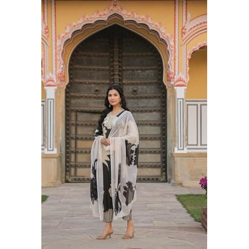 ANNI DESIGNER Women's Cotton Blend Straight Printed Kurta with Pant & Dupatta (5jee Black_XXL_Blue_XX-Large)