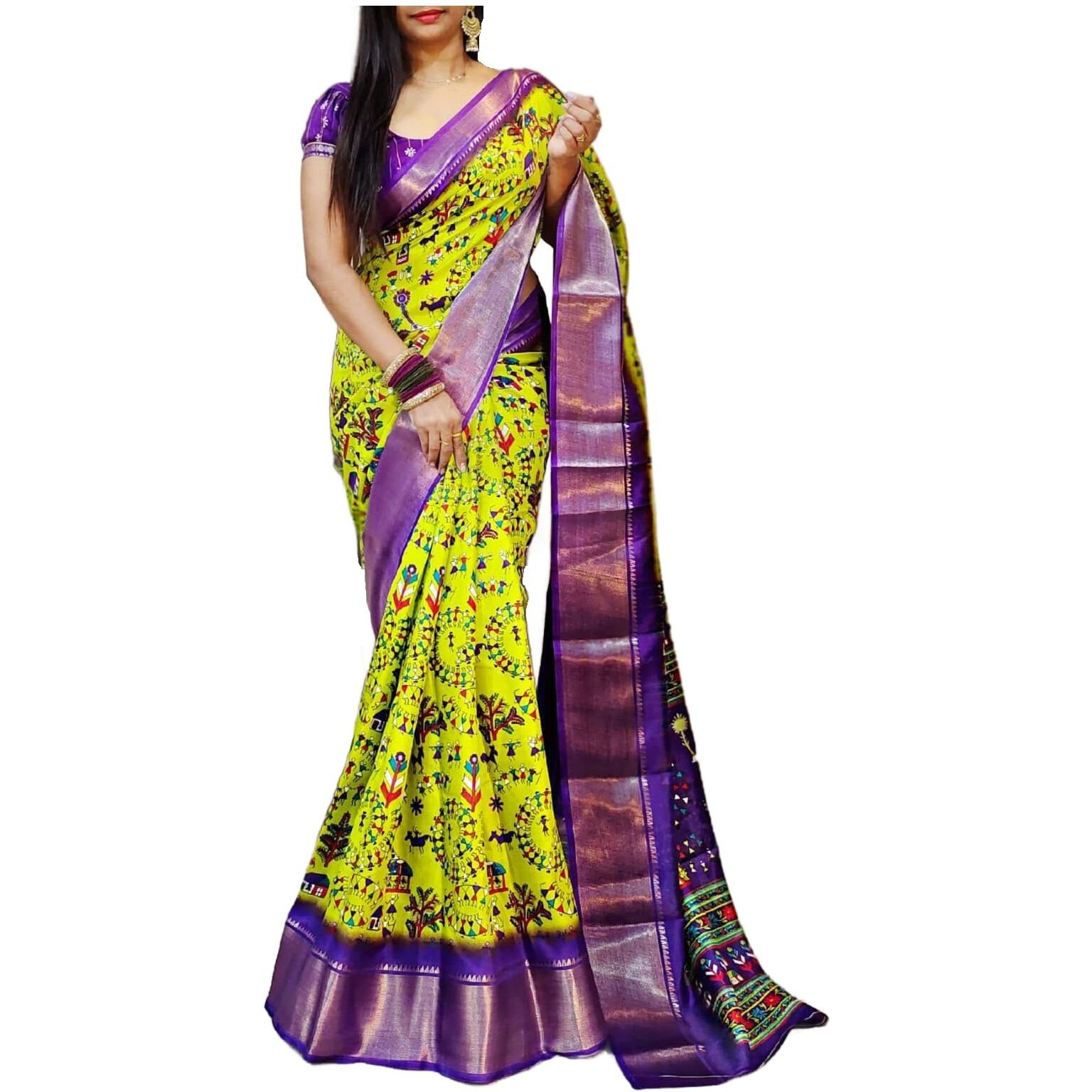 StyleScope Women's Dola Silk Warli Art Printed Saree With Unstitched Blouse Piece (Warli Yellow_Yellow_Free Size)