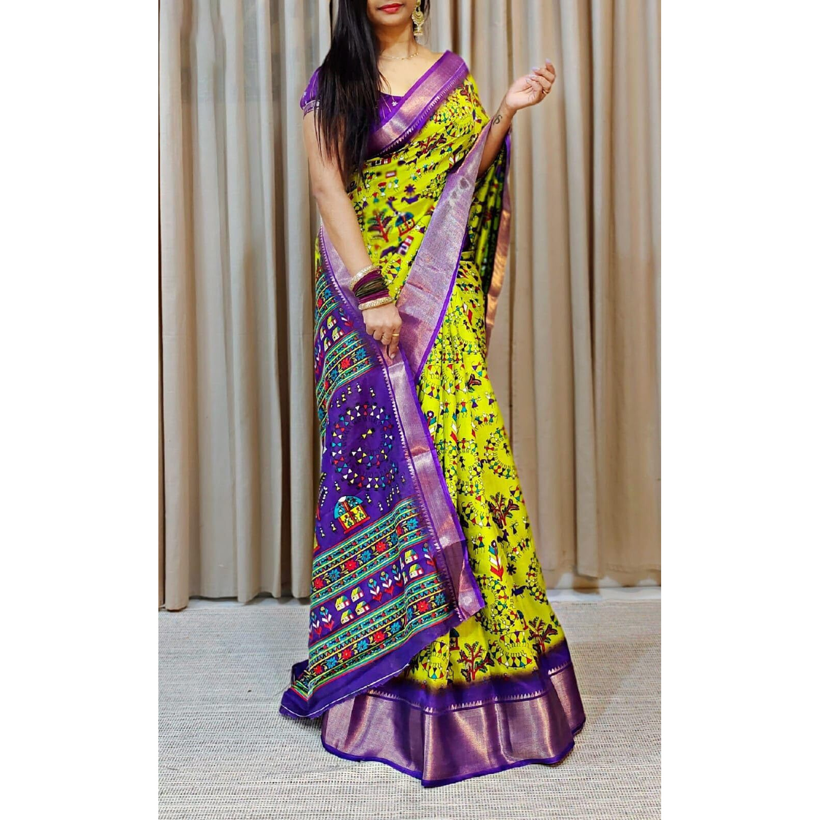 StyleScope Women's Dola Silk Warli Art Printed Saree With Unstitched Blouse Piece (Warli Yellow_Yellow_Free Size)