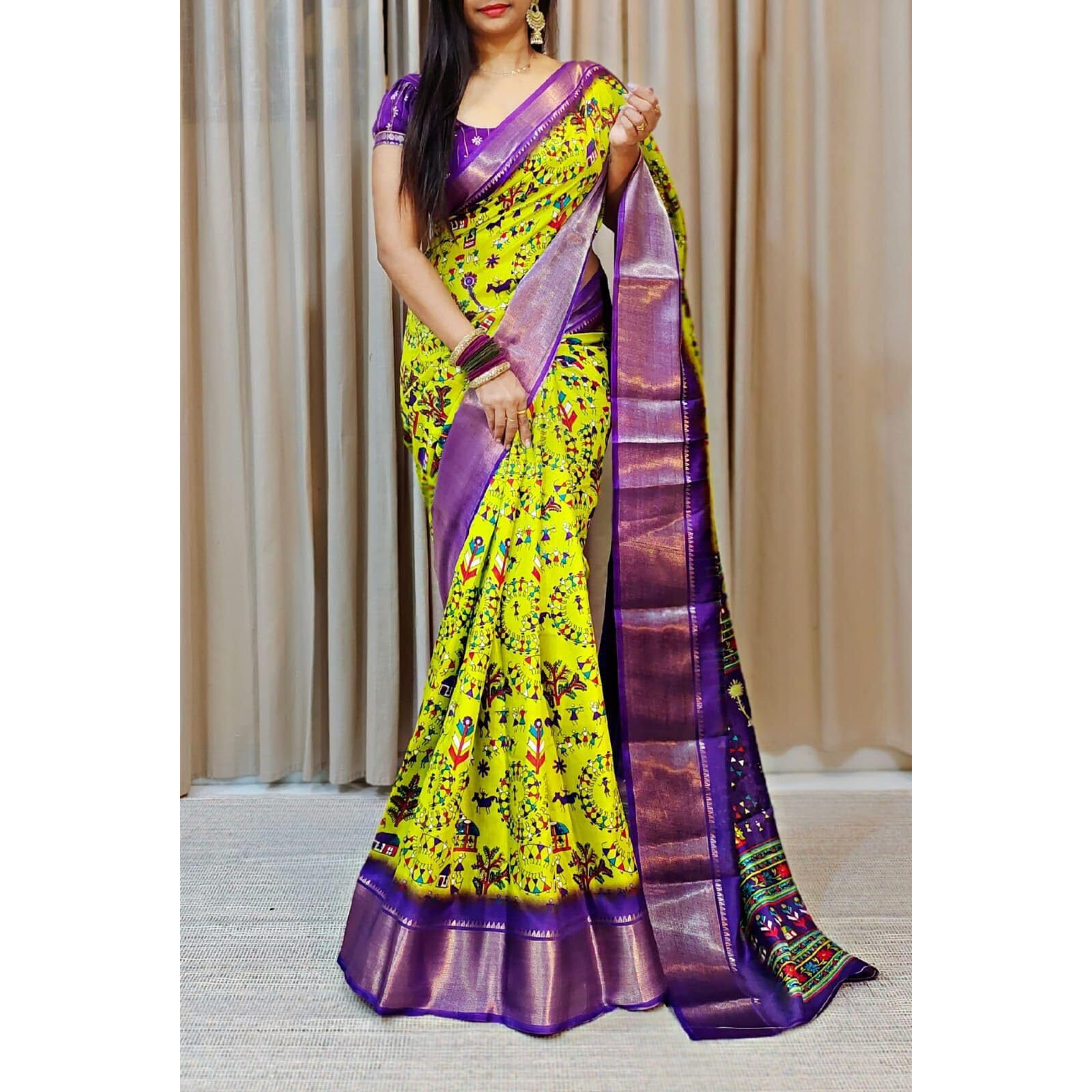 StyleScope Women's Dola Silk Warli Art Printed Saree With Unstitched Blouse Piece (Warli Yellow_Yellow_Free Size)