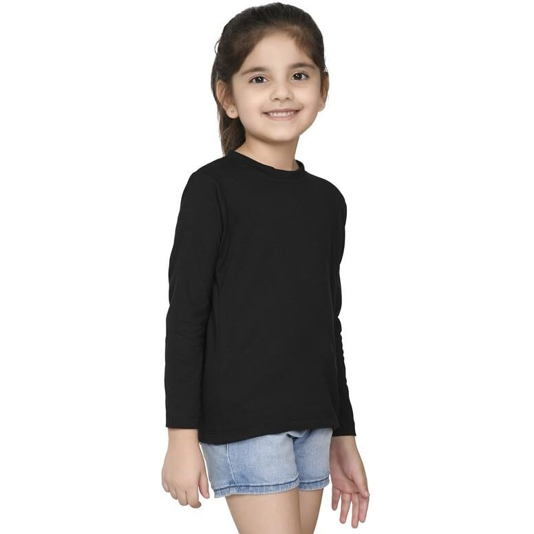 Nusyl Girl's Black Solid Cotton T Shirt | Plain | Round Neck | Full Sleeve - Regular Fit |