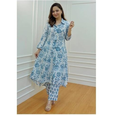 GRECIILOOKS Womens Casual Cotton Blend Regular Fit Co-Ord Kurta Set (Sky Blue, XX-Large)