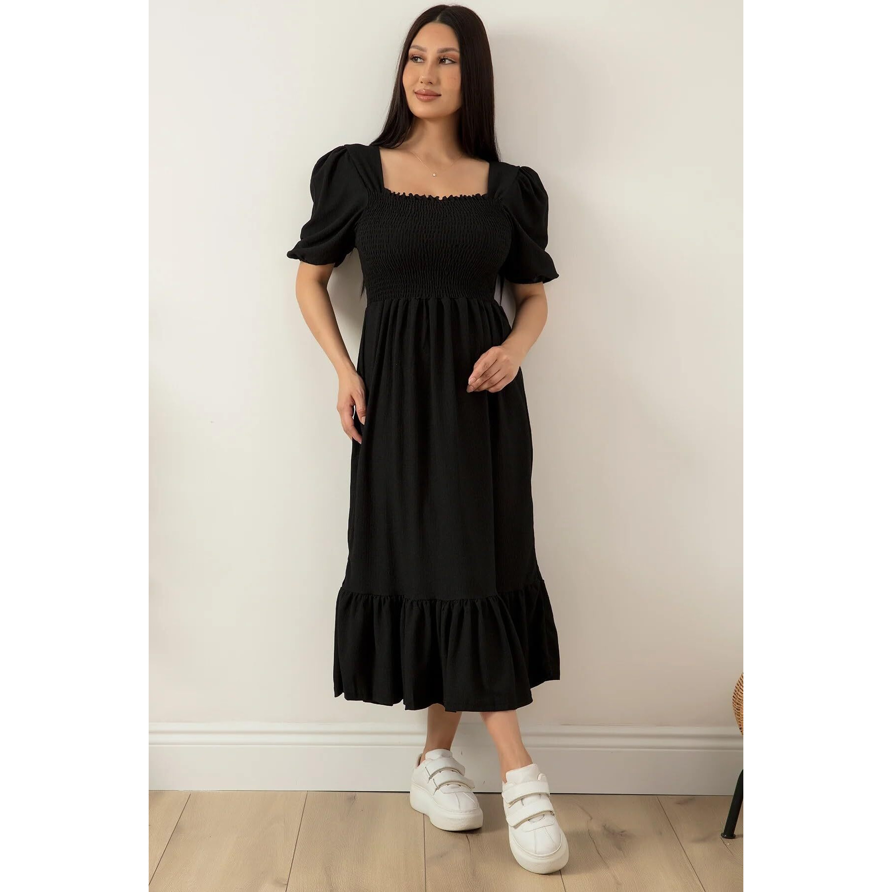 Sheetal Associates Women Casual Regular Sleeves Crepe Solid Fit and Flare Dress (Black, 2XL)